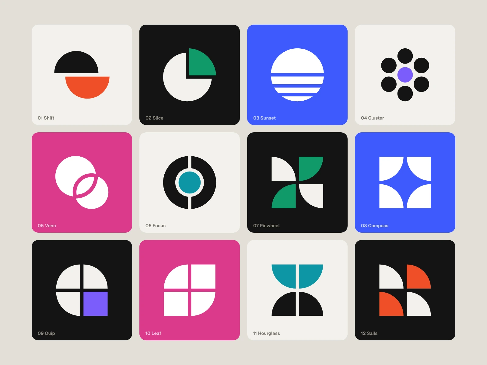 Circles and Quarters: Shift, Slice, Sunset, Cluster, Venn, Focus, Pinwheel, Compass, Quip, Leaf, Hourglass, Sails