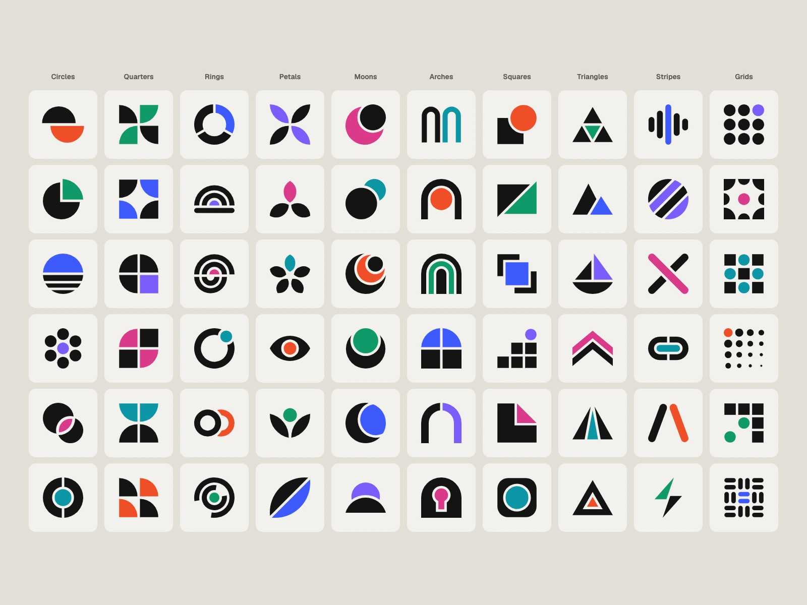 All 60 geometric logo marks in colour on a light ground, ten families of six