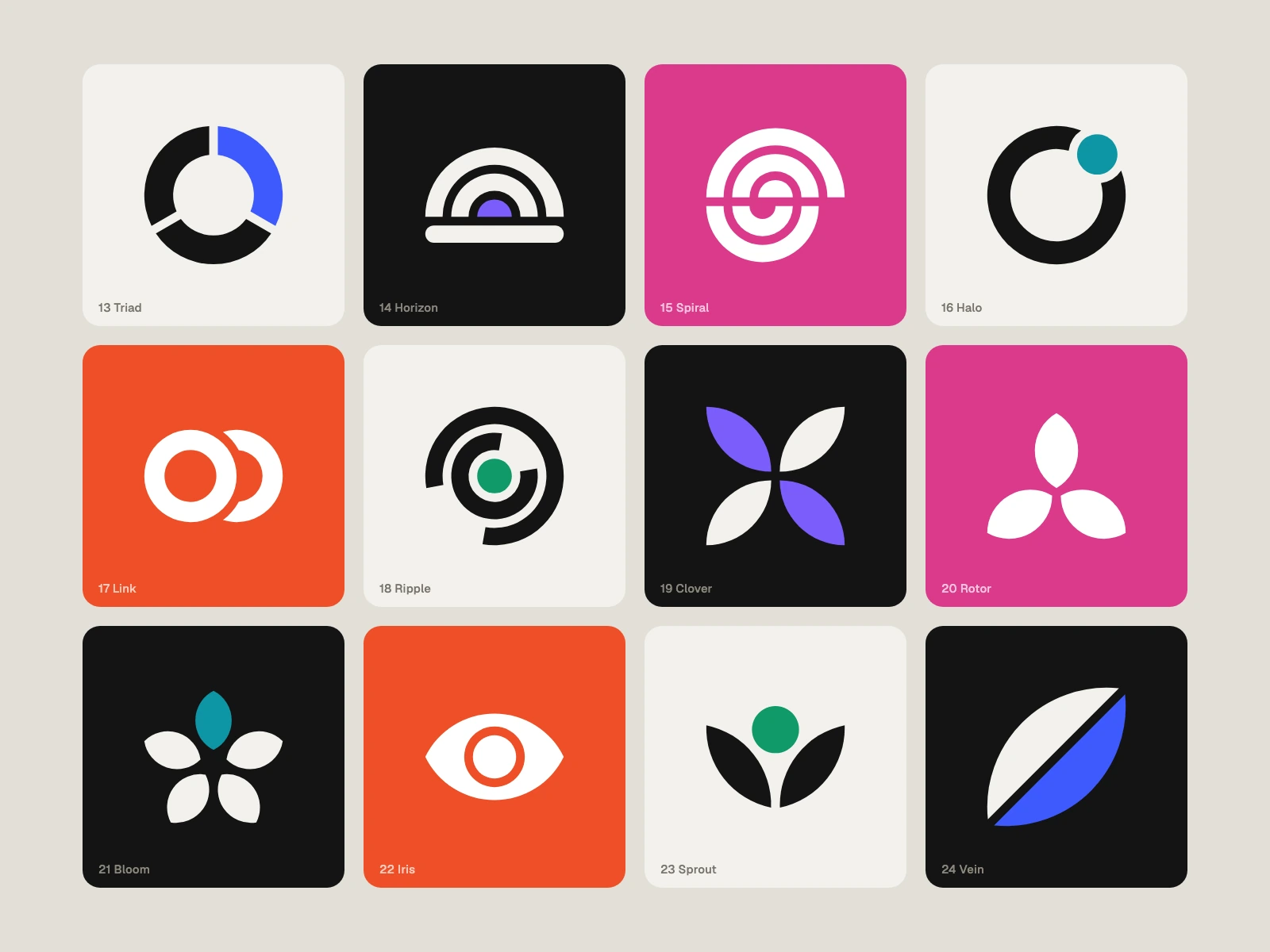Rings and Petals: Triad, Horizon, Spiral, Halo, Link, Ripple, Clover, Rotor, Bloom, Iris, Sprout, Vein