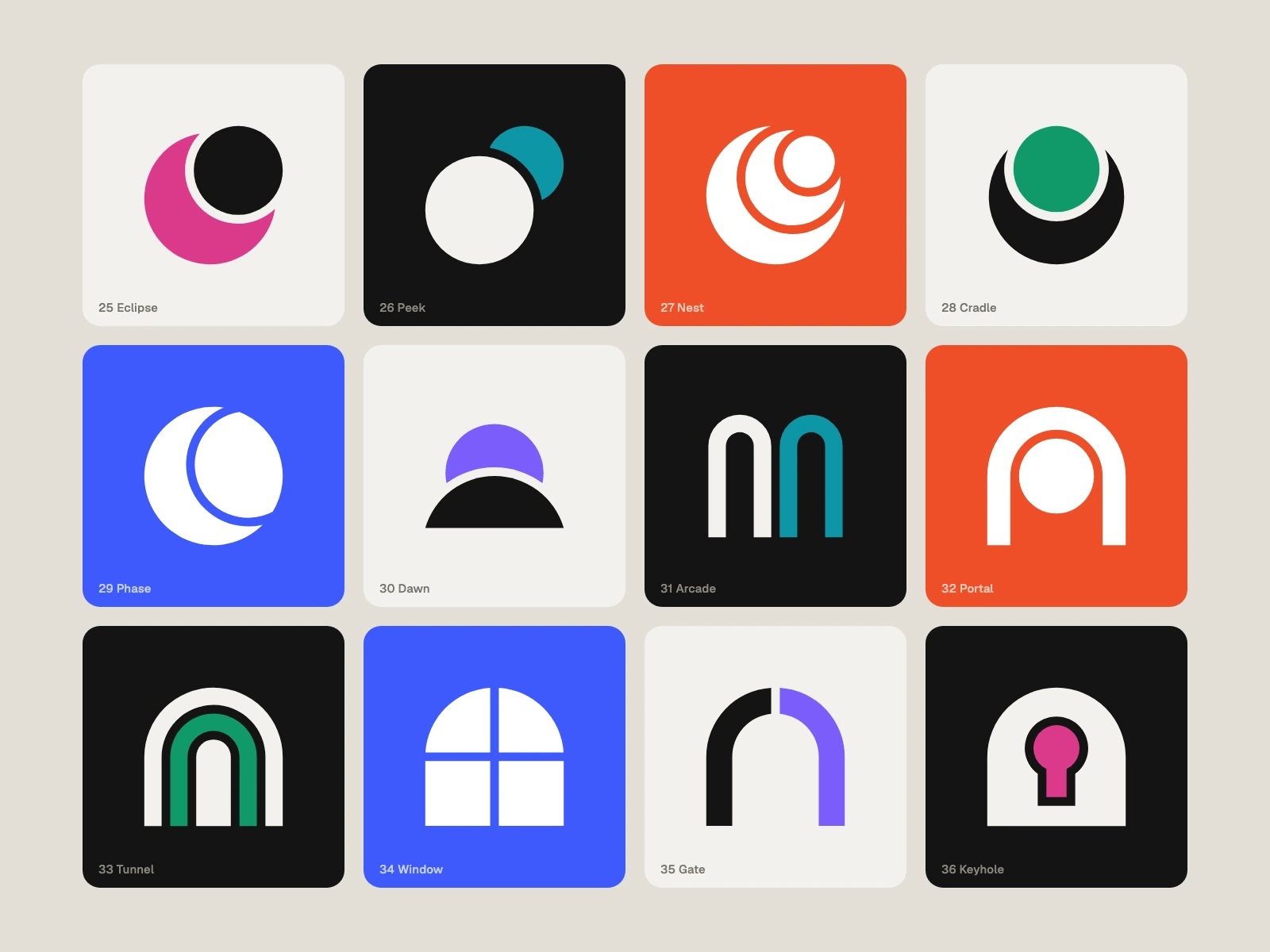 Moons and Arches: Eclipse, Peek, Nest, Cradle, Phase, Dawn, Arcade, Portal, Tunnel, Window, Gate, Keyhole