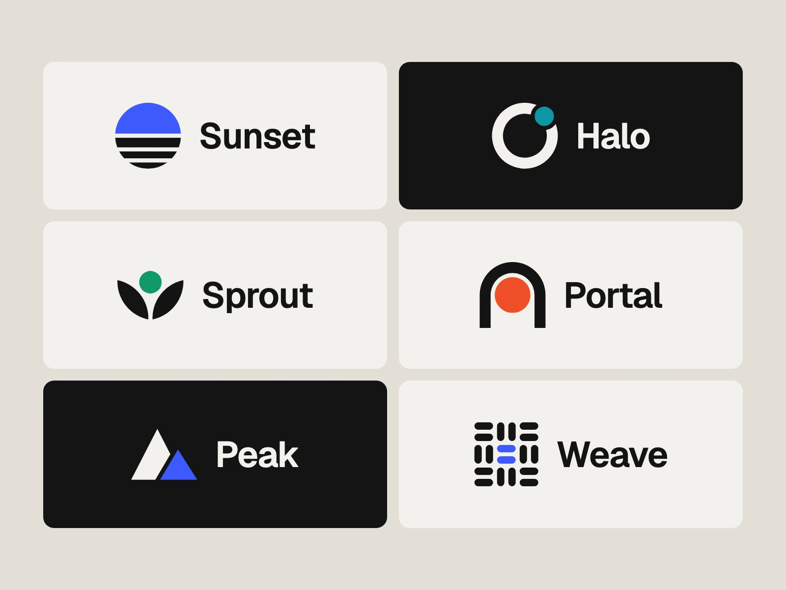 Logos with a name beside the mark: Sunset, Halo, Sprout, Portal, Peak, Weave, on light and dark grounds