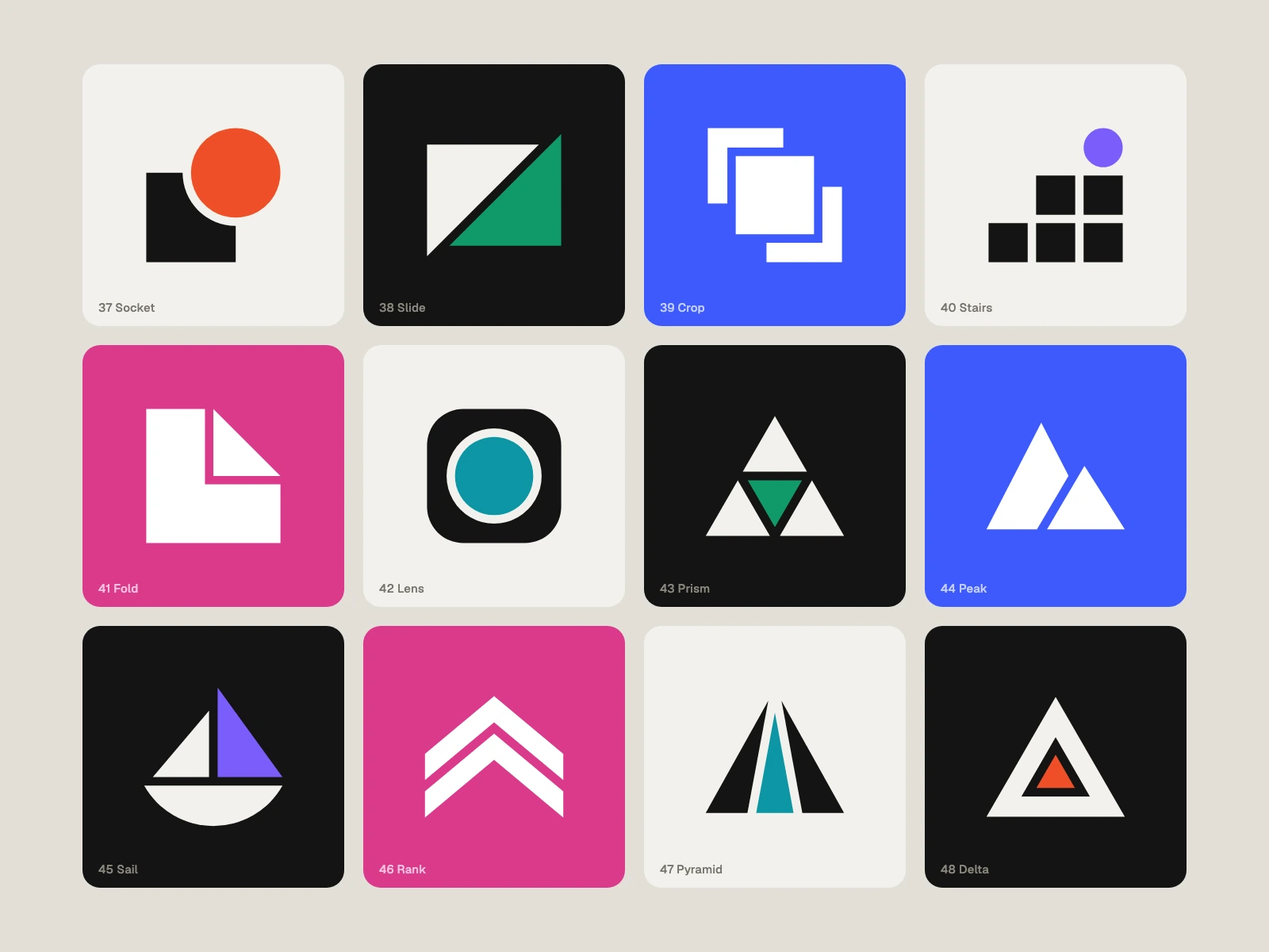 Squares and Triangles: Socket, Slide, Crop, Stairs, Fold, Lens, Prism, Peak, Sail, Rank, Pyramid, Delta