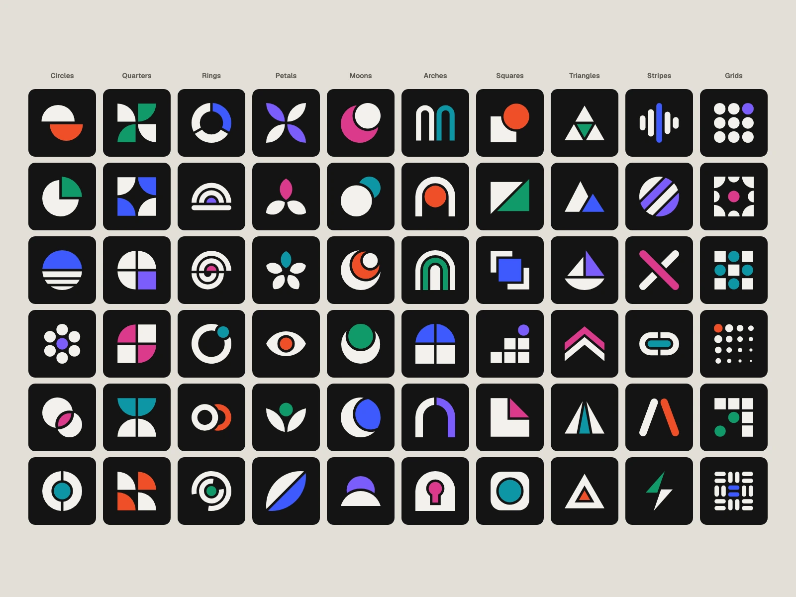All 60 marks in their dark colourway on a near-black ground