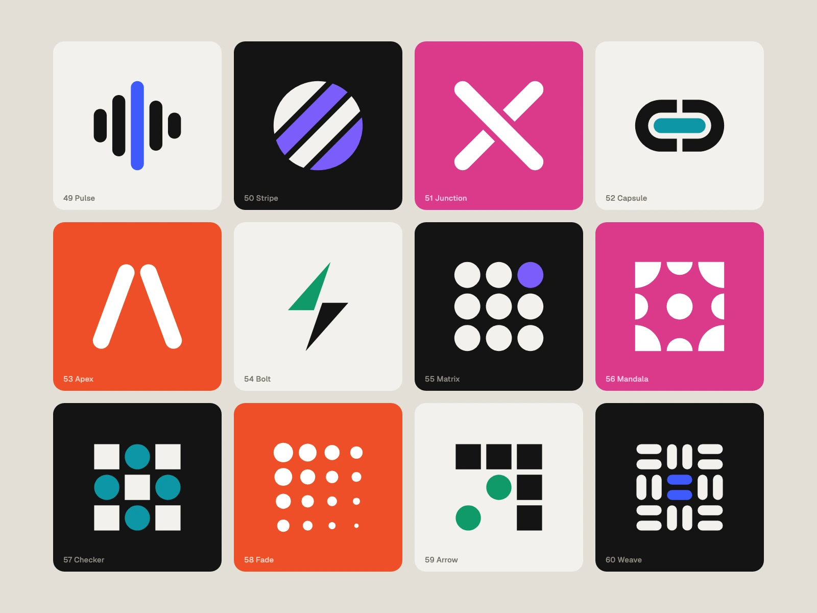 Stripes and Grids: Pulse, Stripe, Junction, Capsule, Apex, Bolt, Matrix, Mandala, Checker, Fade, Arrow, Weave