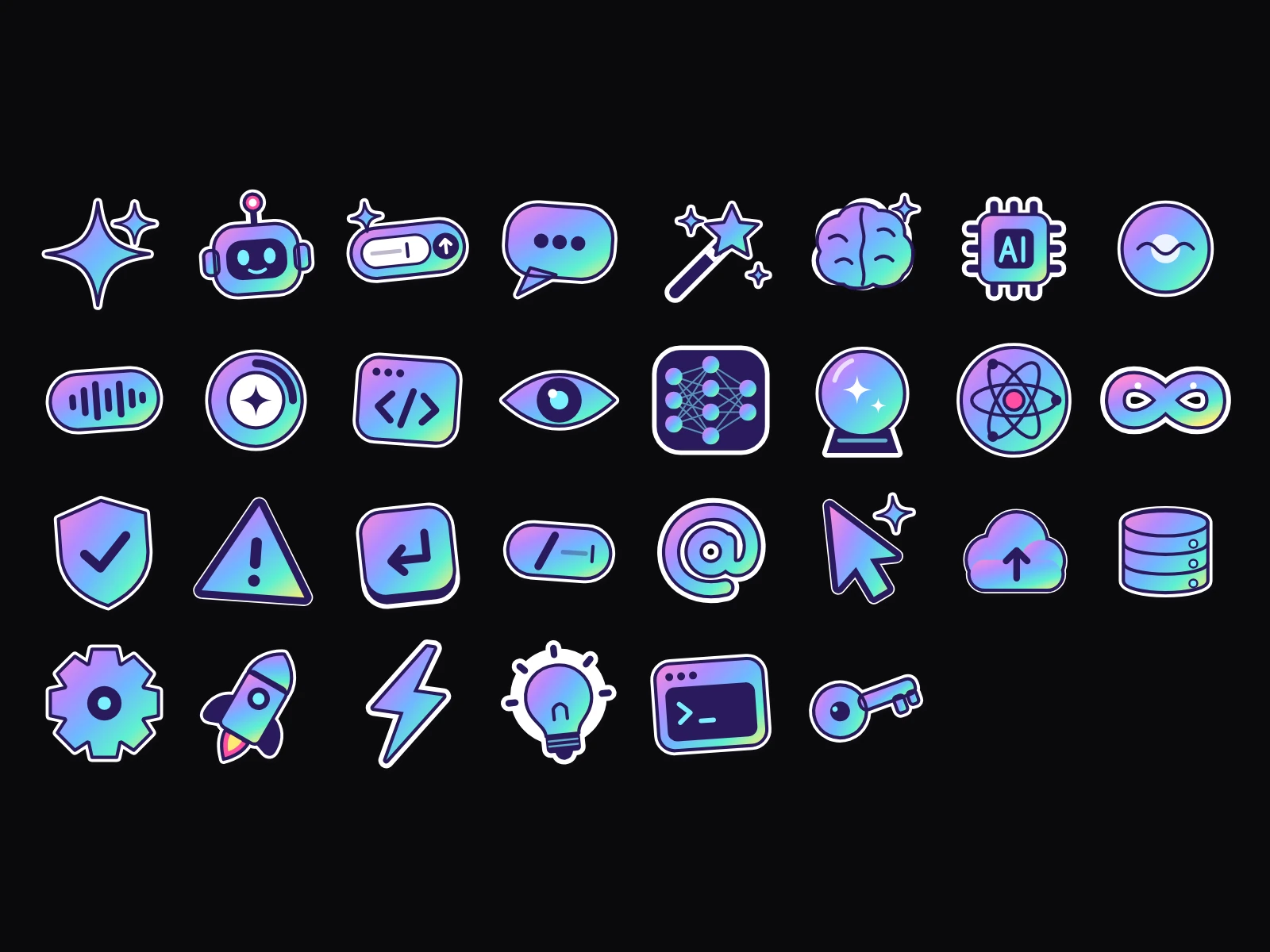 The same 30 holographic AI stickers on a near-black page