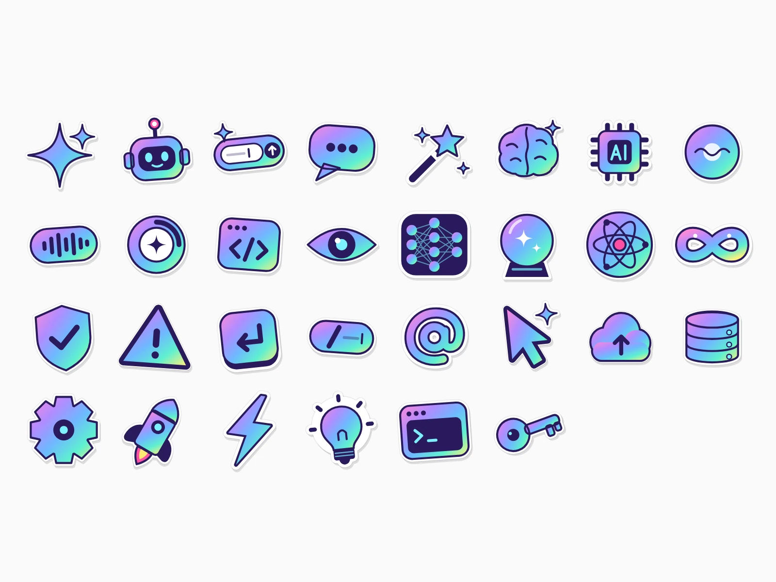 All 30 holographic AI stickers on a light page: sparkle, robot, prompt, chat, magic wand, brain, ai chip, voice orb, voice, thinking, code, vision, neural network, crystal ball, atom, infinity, safety, hallucination, enter key, slash command, mention, cursor, cloud, data, settings, launch, fast, idea, terminal, api key