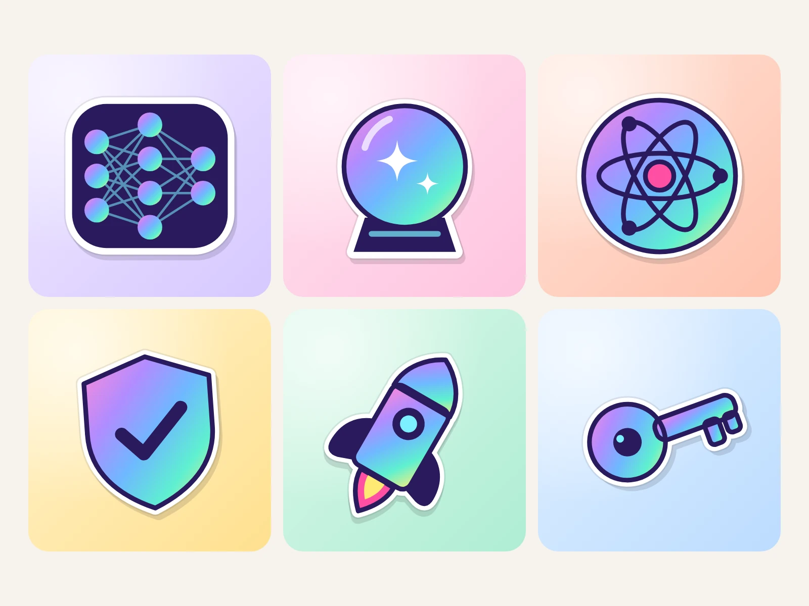 Six holographic AI stickers large: neural network, crystal ball, atom, safety, launch, api key