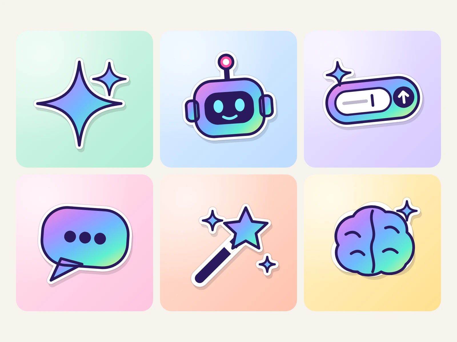 Six holographic AI stickers large: sparkle, robot, prompt, chat, magic wand, brain