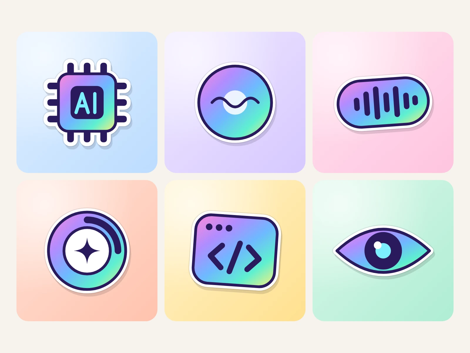 Six holographic AI stickers large: ai chip, voice orb, voice, thinking, code, vision
