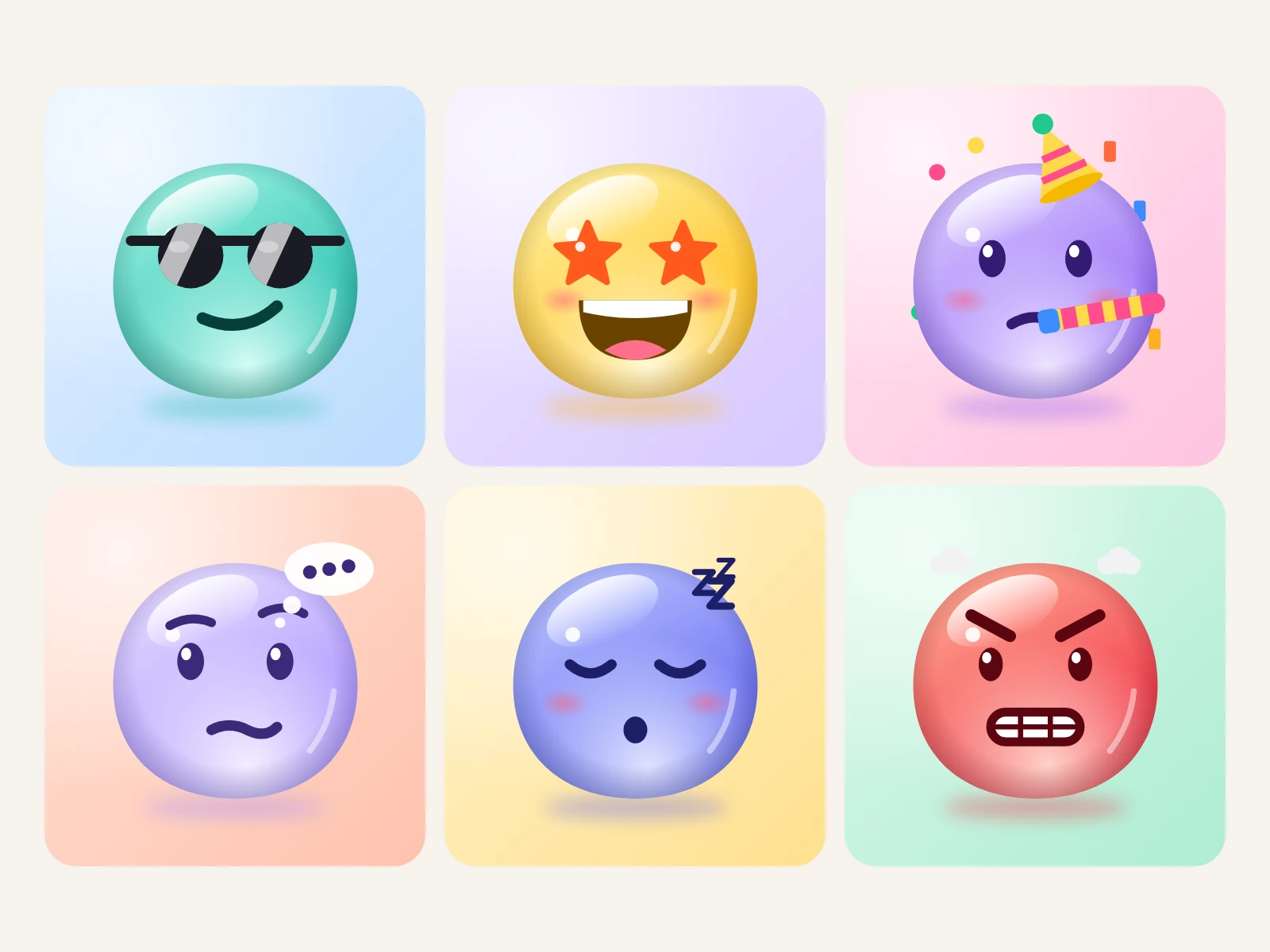 Six stickers large, each on a wash of colour: cool, starstruck, party, thinking, sleepy, angry