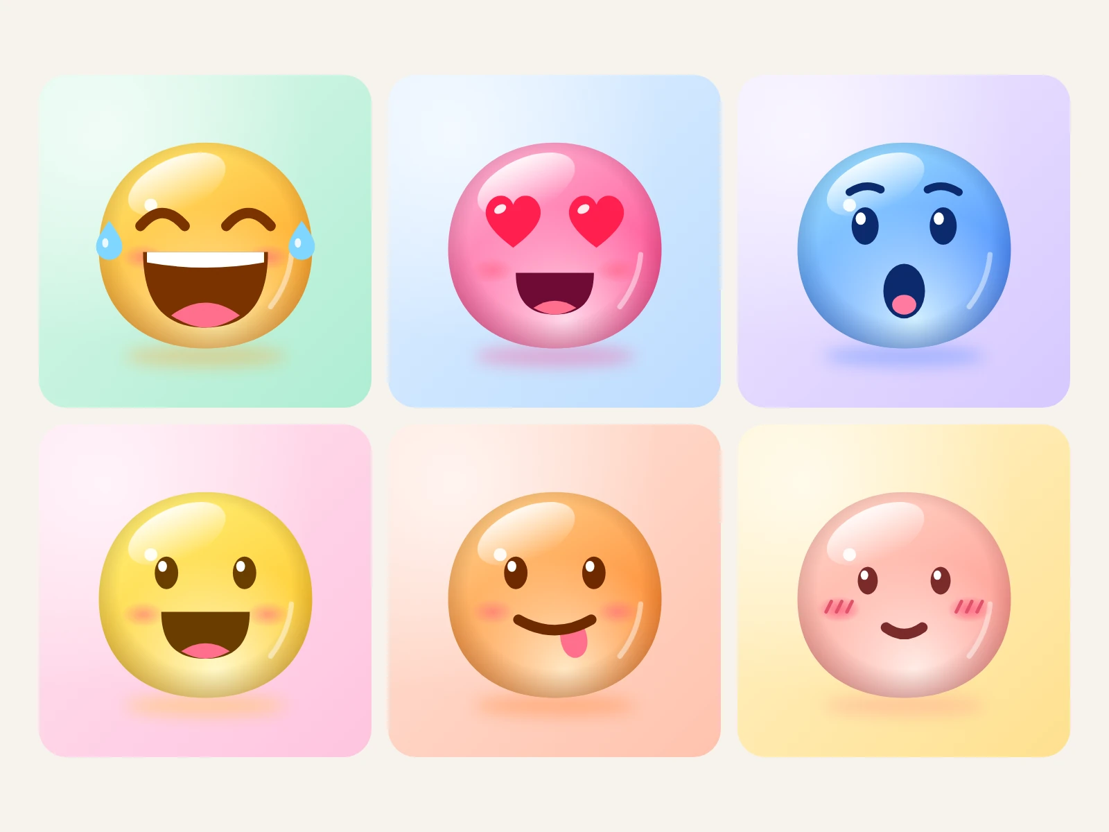 Six stickers large, each on a wash of colour: tears of joy, in love, shocked, happy, wink, shy