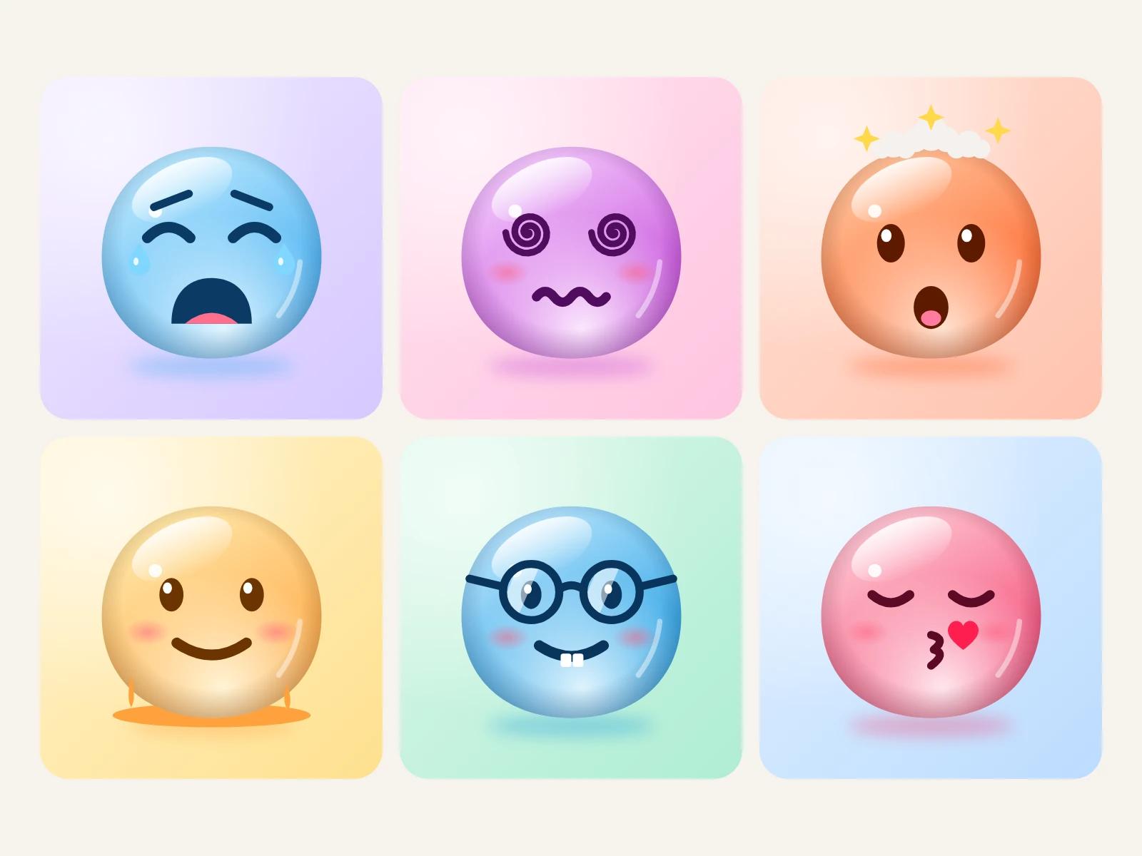 Six stickers large, each on a wash of colour: crying, dizzy, mind blown, melting, nerd, kiss