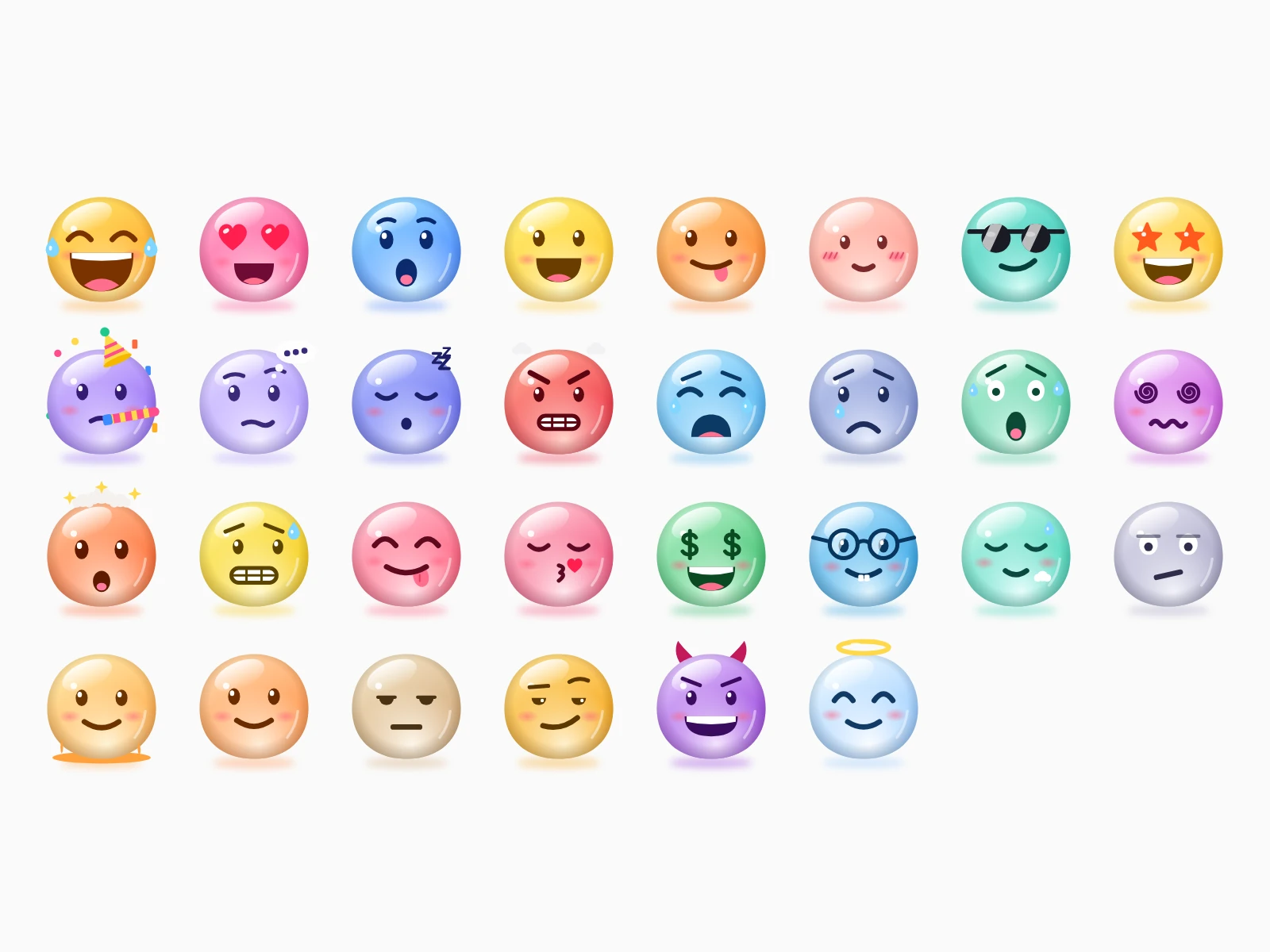 All 30 animated stickers on a light page: tears of joy, in love, shocked, happy, wink, shy, cool, starstruck, party, thinking, sleepy, angry, crying, sad, scared, dizzy, mind blown, nervous, yum, kiss, money eyes, nerd, relieved, eye roll, melting, upside-down, meh, smirk, devil, angel