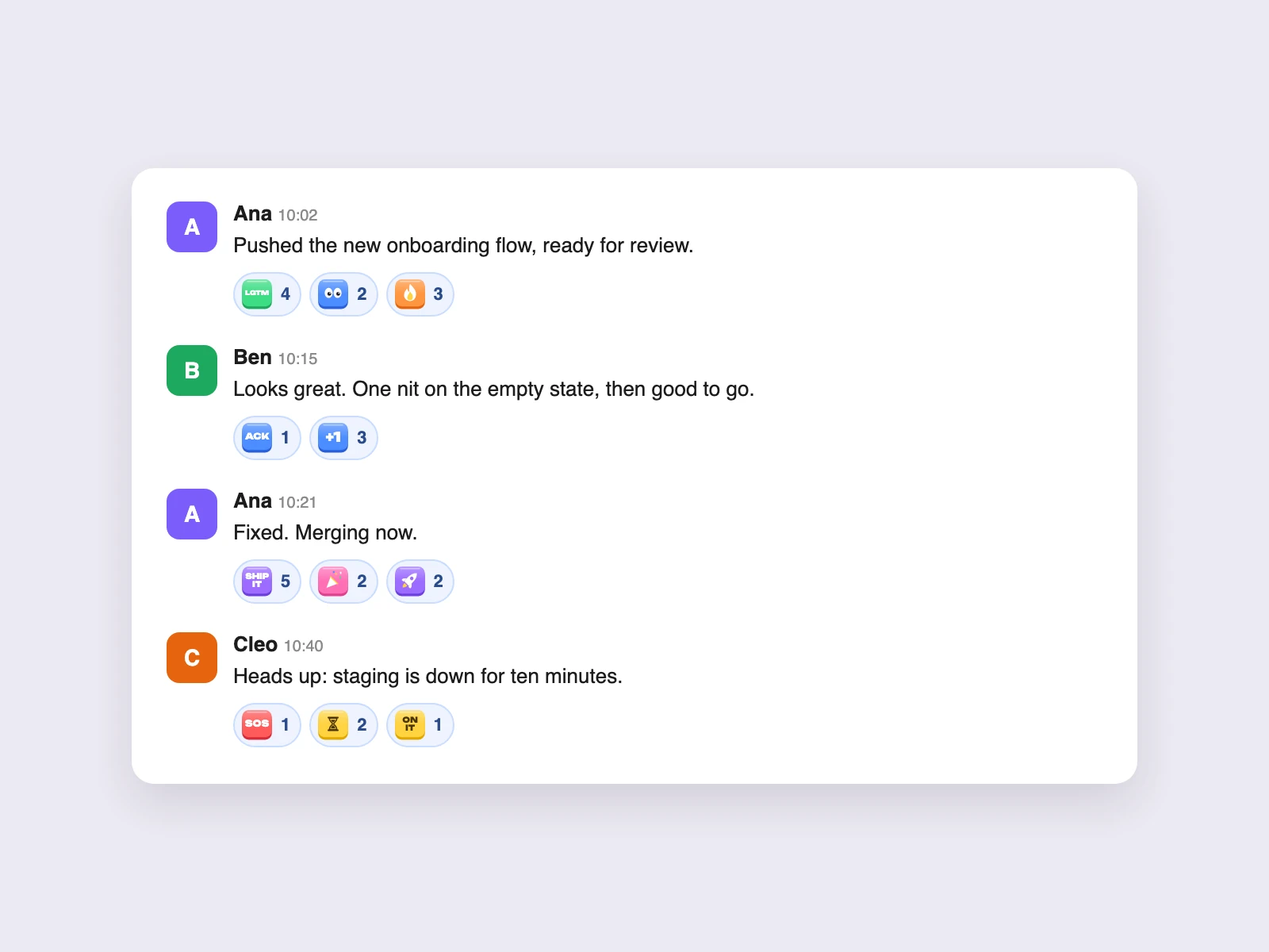 A team chat where the reactions answer the messages, at twice the size a chat shows them