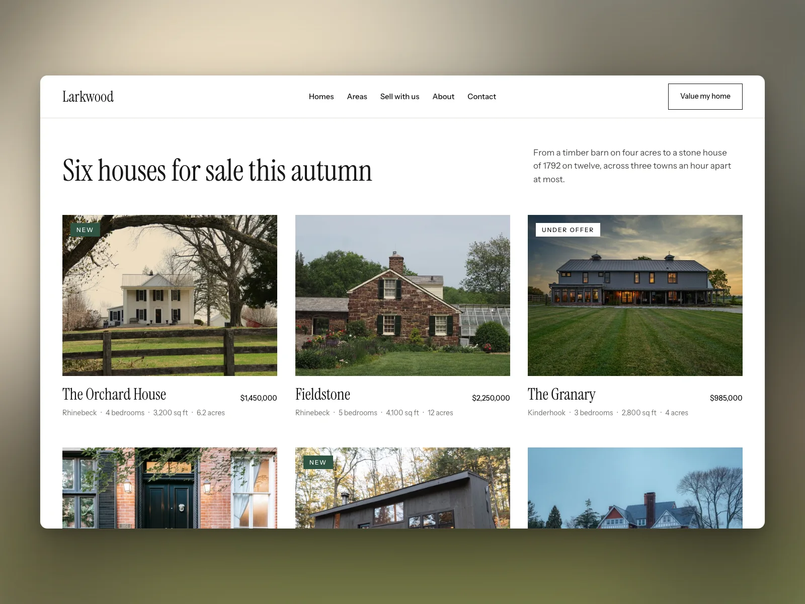 The homes for sale, with price, town, bedrooms and land