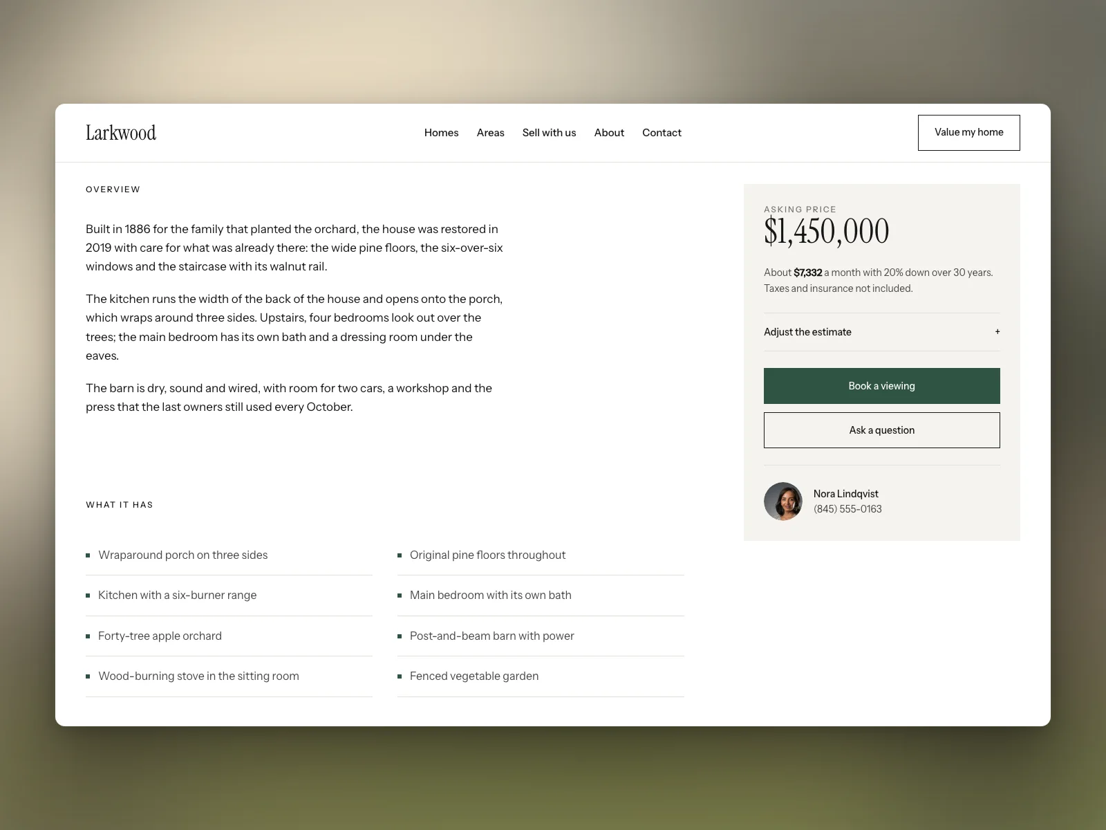 Overview, features and the sticky price card with a monthly estimate