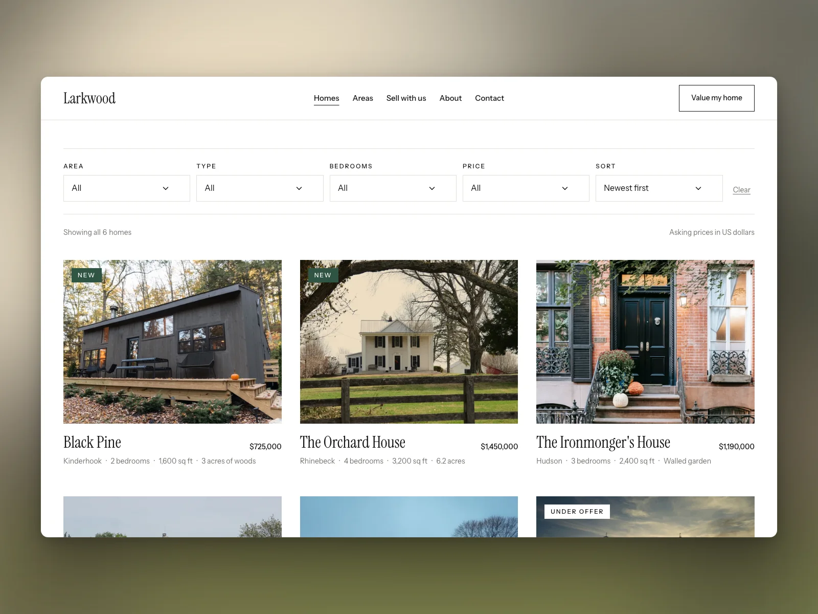The catalogue, filtered by area, type, bedrooms and price