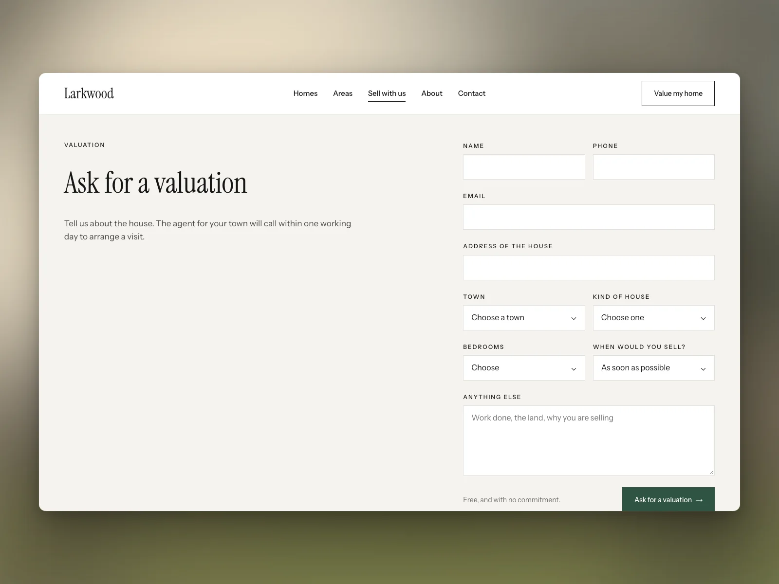 The sellers' page and its valuation form