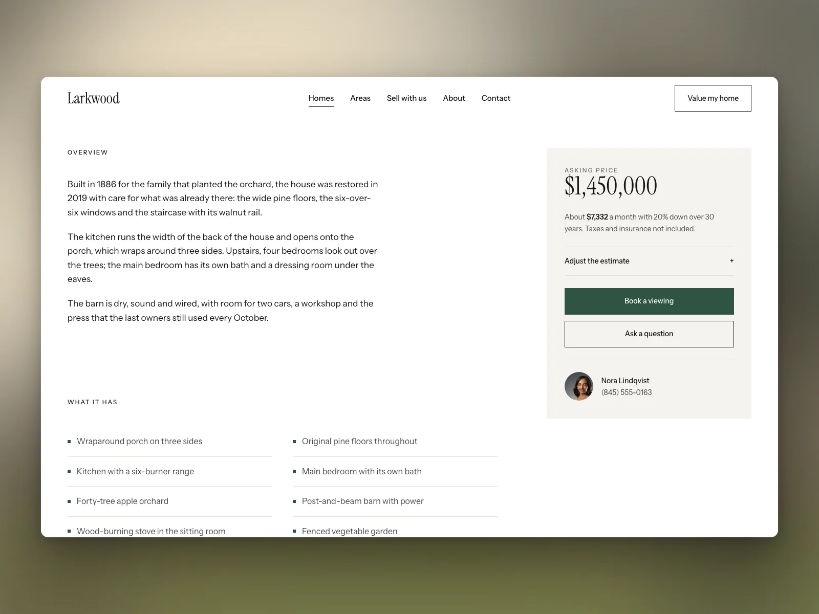 Overview, features and the sticky price card with a monthly estimate