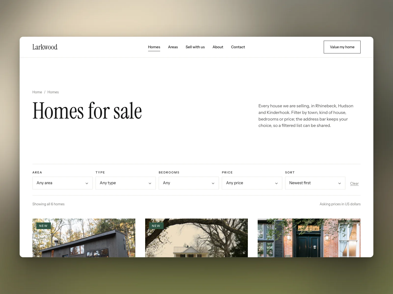 The catalogue, filtered by area, type, bedrooms and price