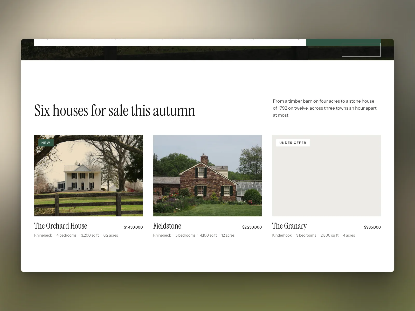 The homes for sale, with price, town, bedrooms and land