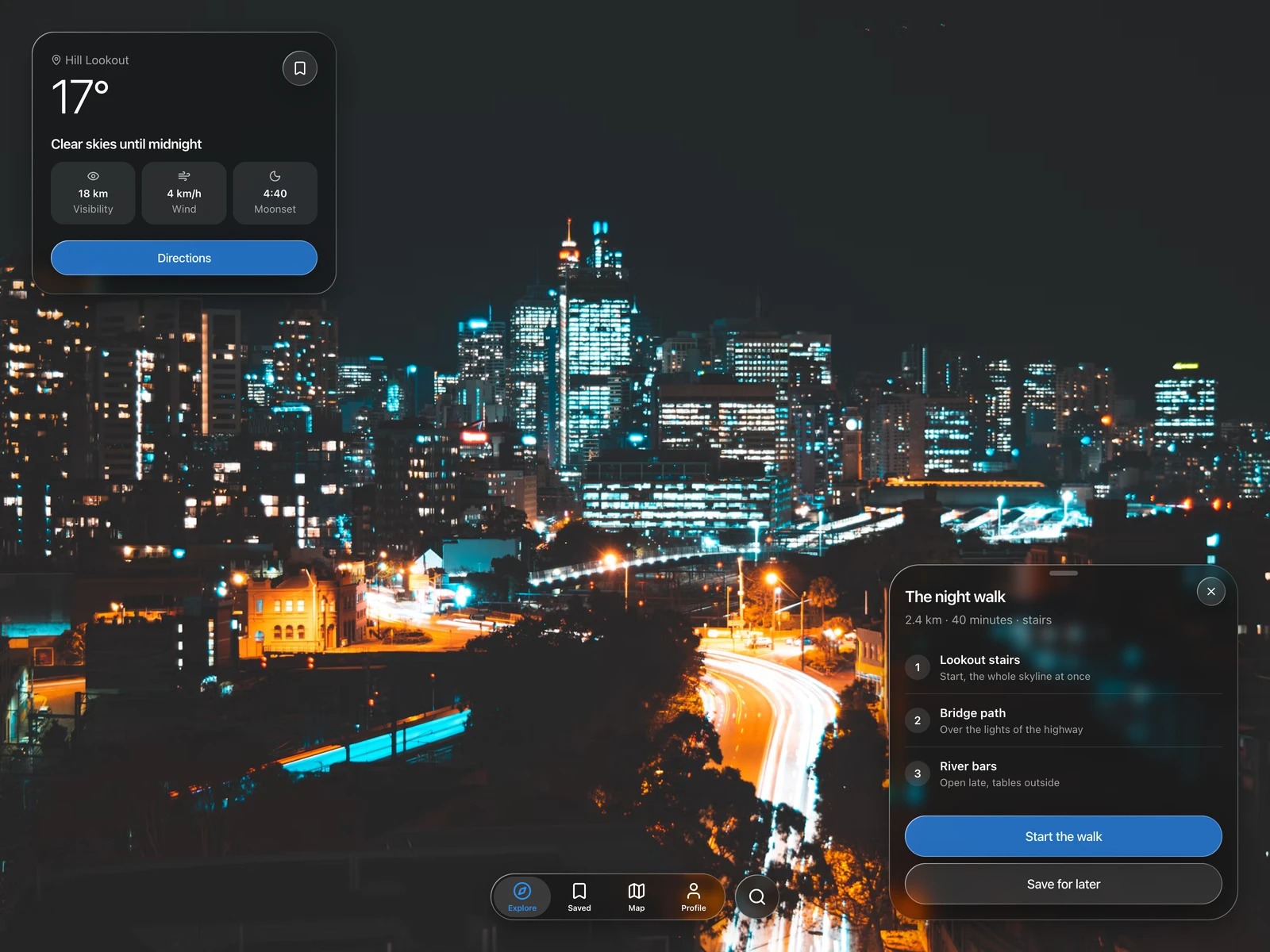 A card, a sheet and the tab bar over a city at night, dark theme