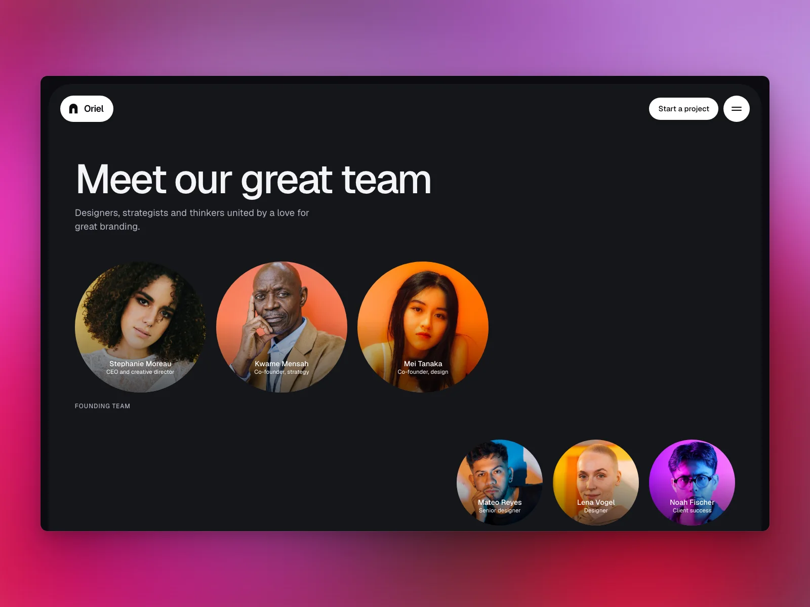 The team as round portraits, founders and members