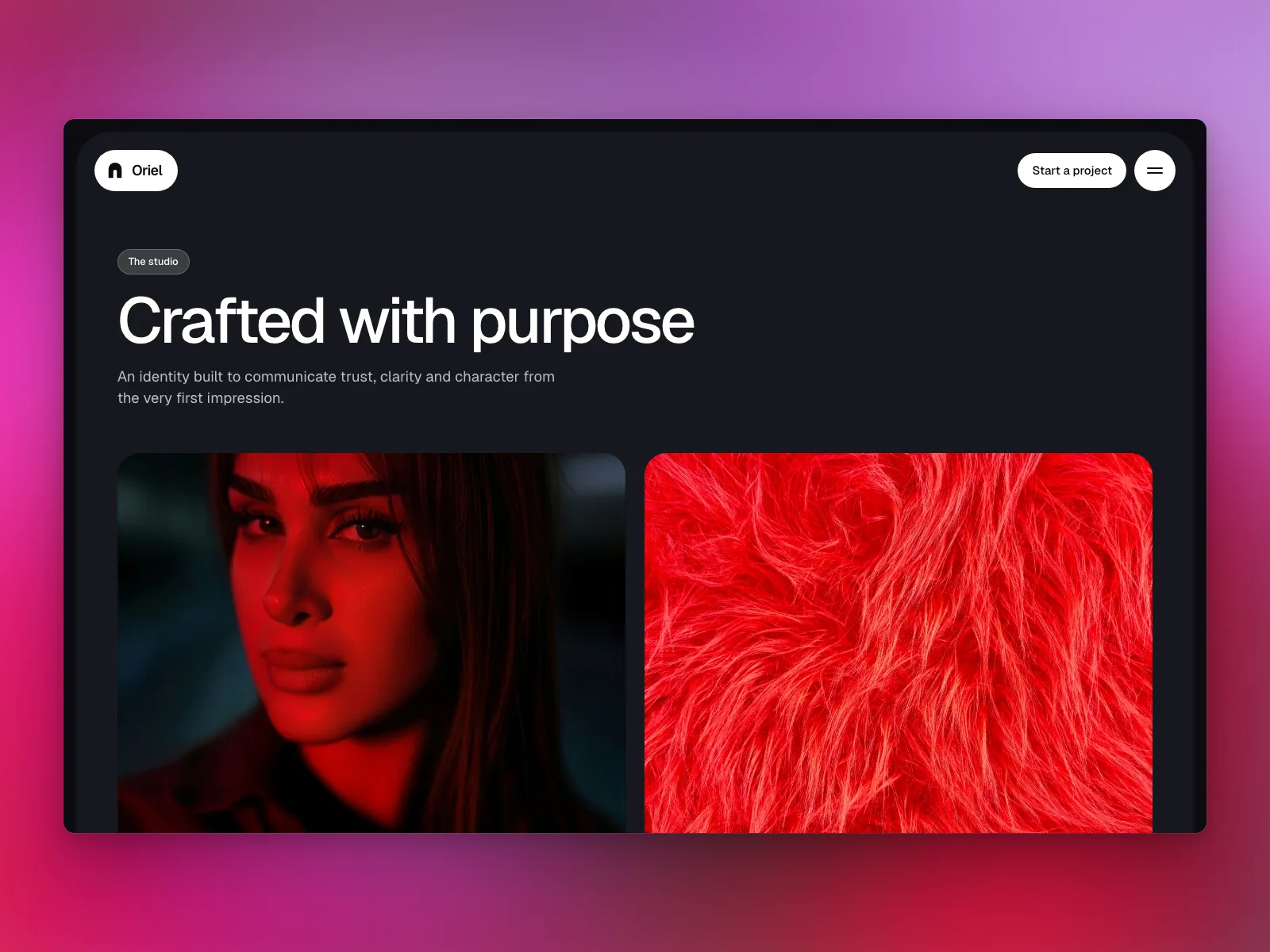 The studio page: crafted with purpose, on a dark card