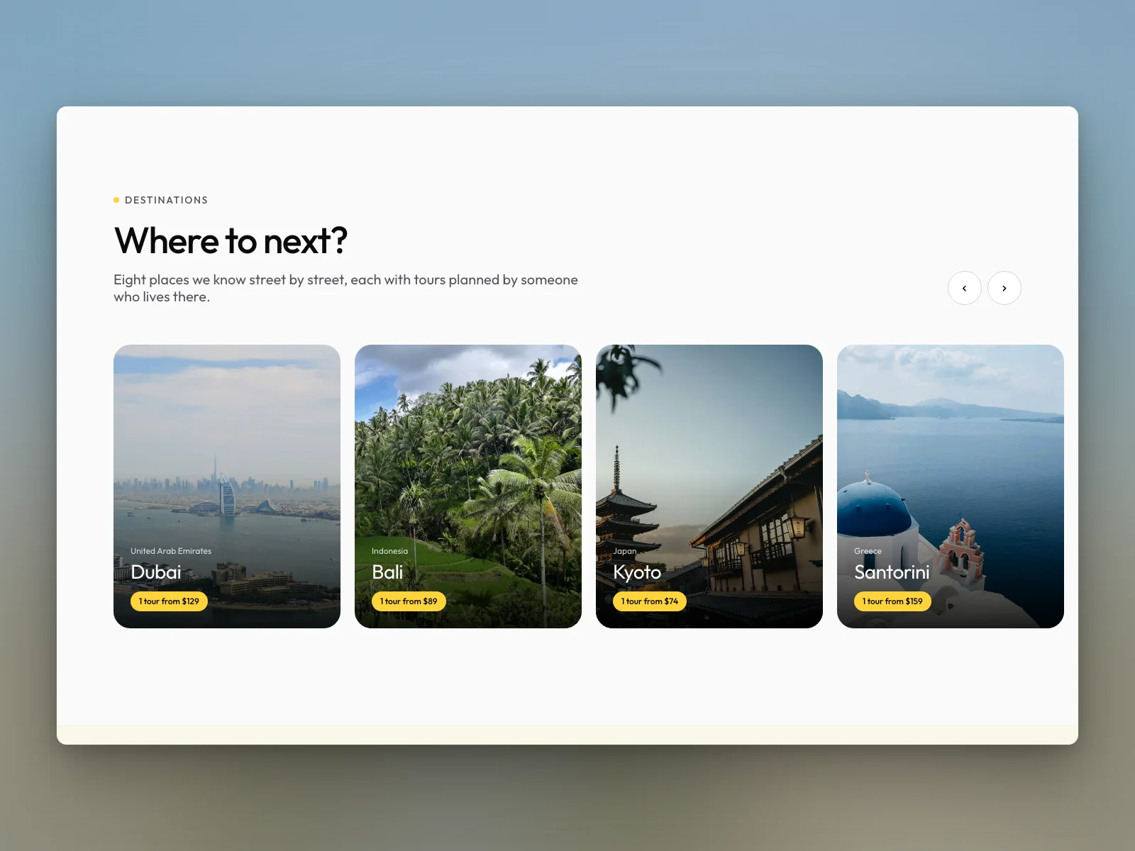 Destinations, in a row that scrolls