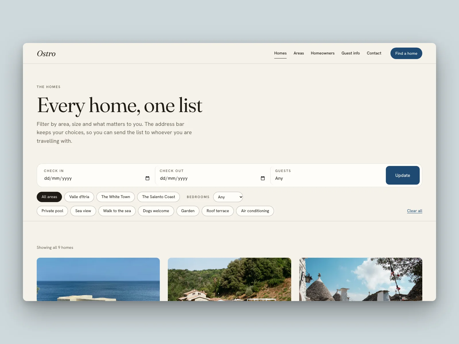 The catalog: dates, guests, area, bedrooms and features