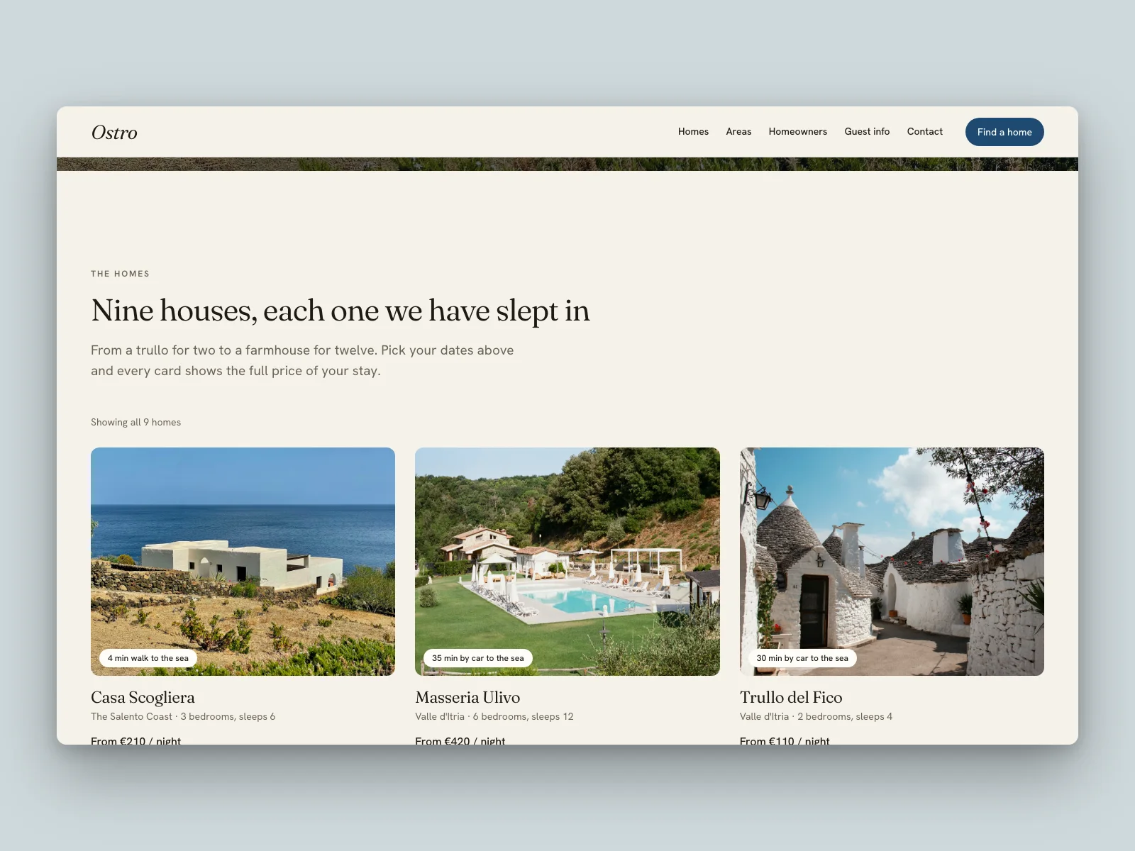 The homes: each card with the walk to the sea and the price from