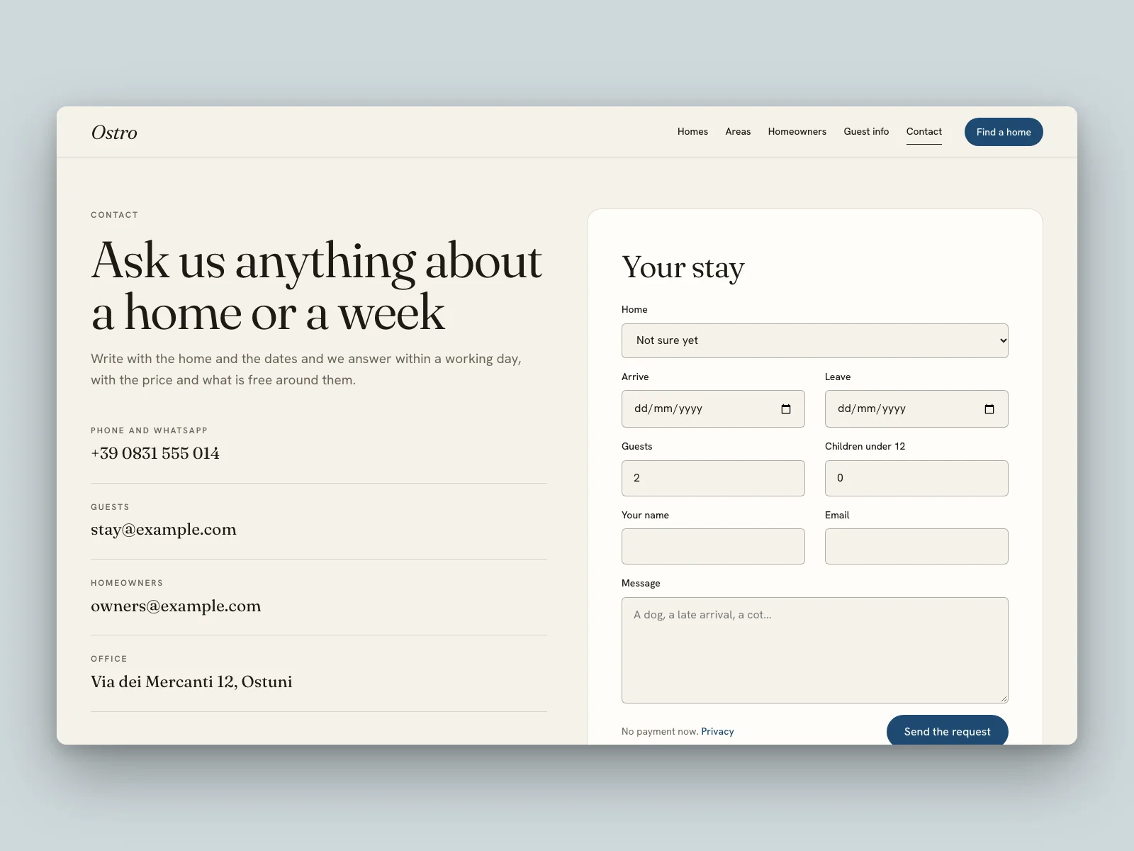The enquiry form, filled in from the home's dates