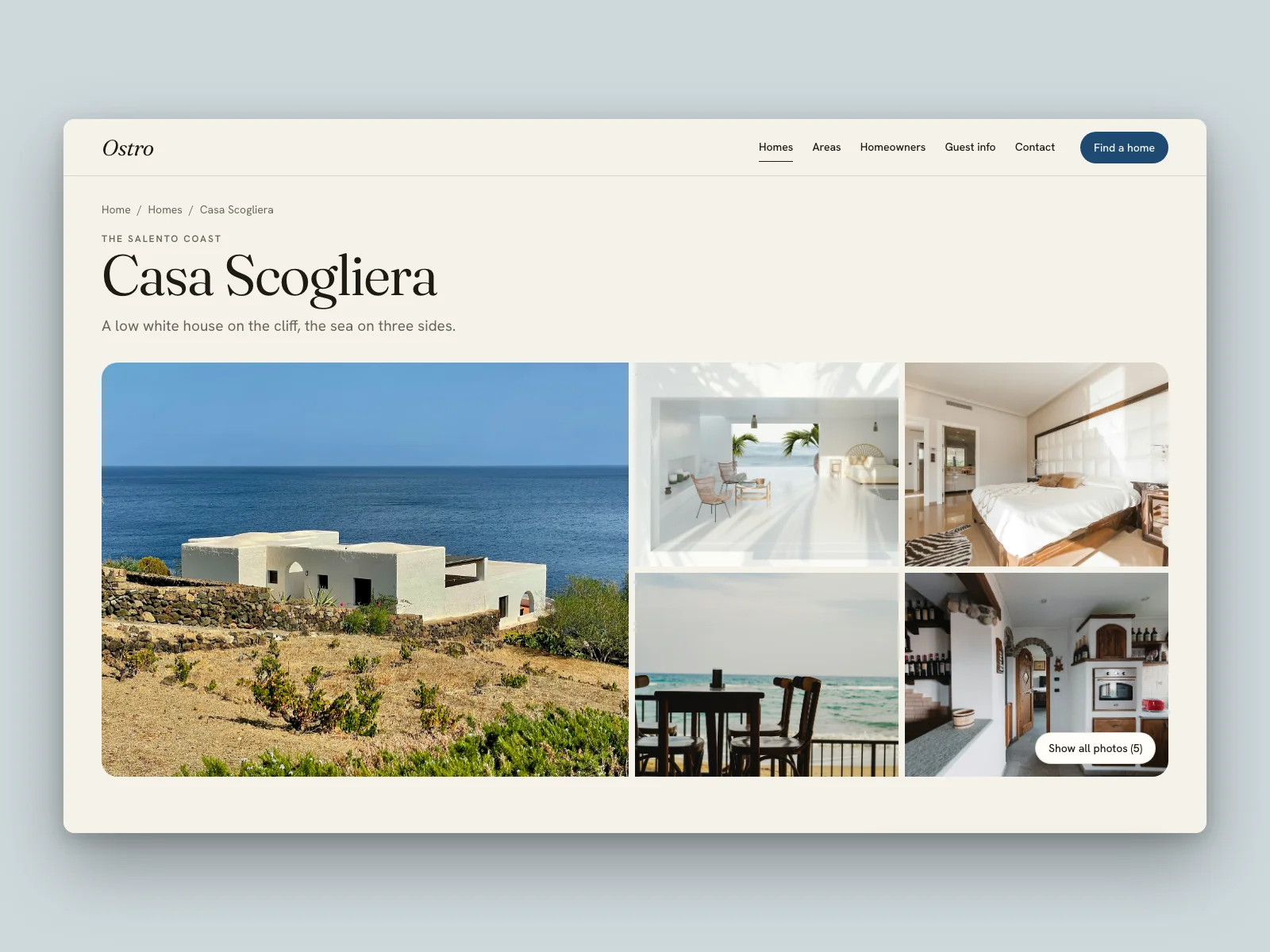 A home's page: its name, its area and the gallery