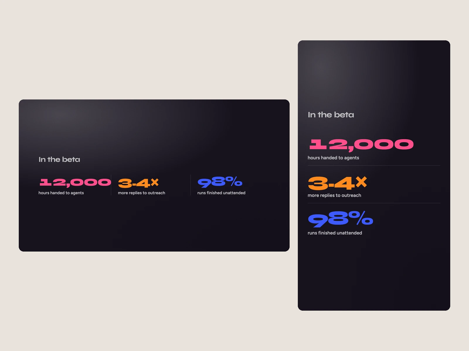 Three numbers counting up on the ink, in the agents' colours, at 16:9 and 9:16