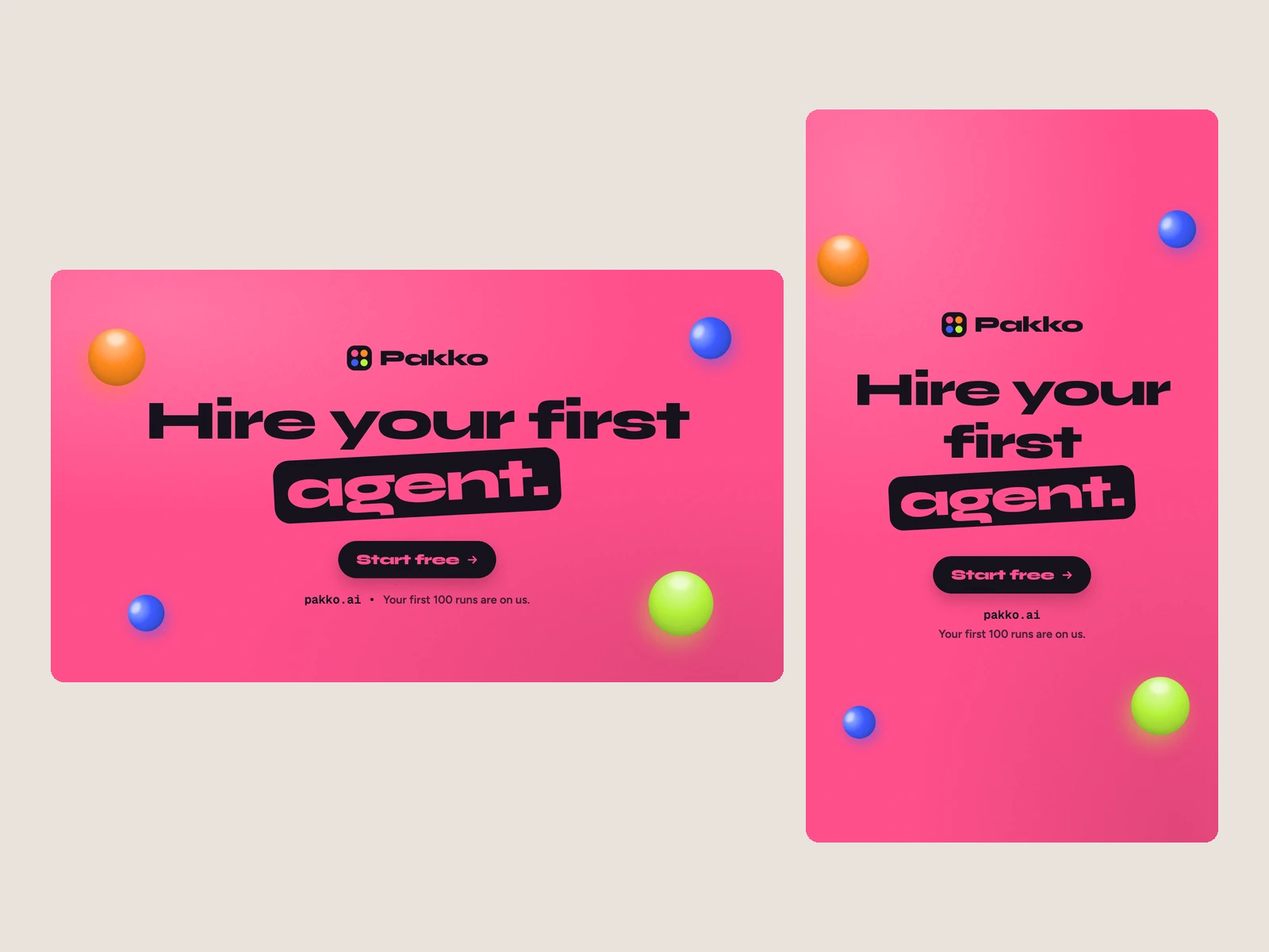 The close on pink: the last line, the button and the address, orbs floating round it, at 16:9 and 9:16