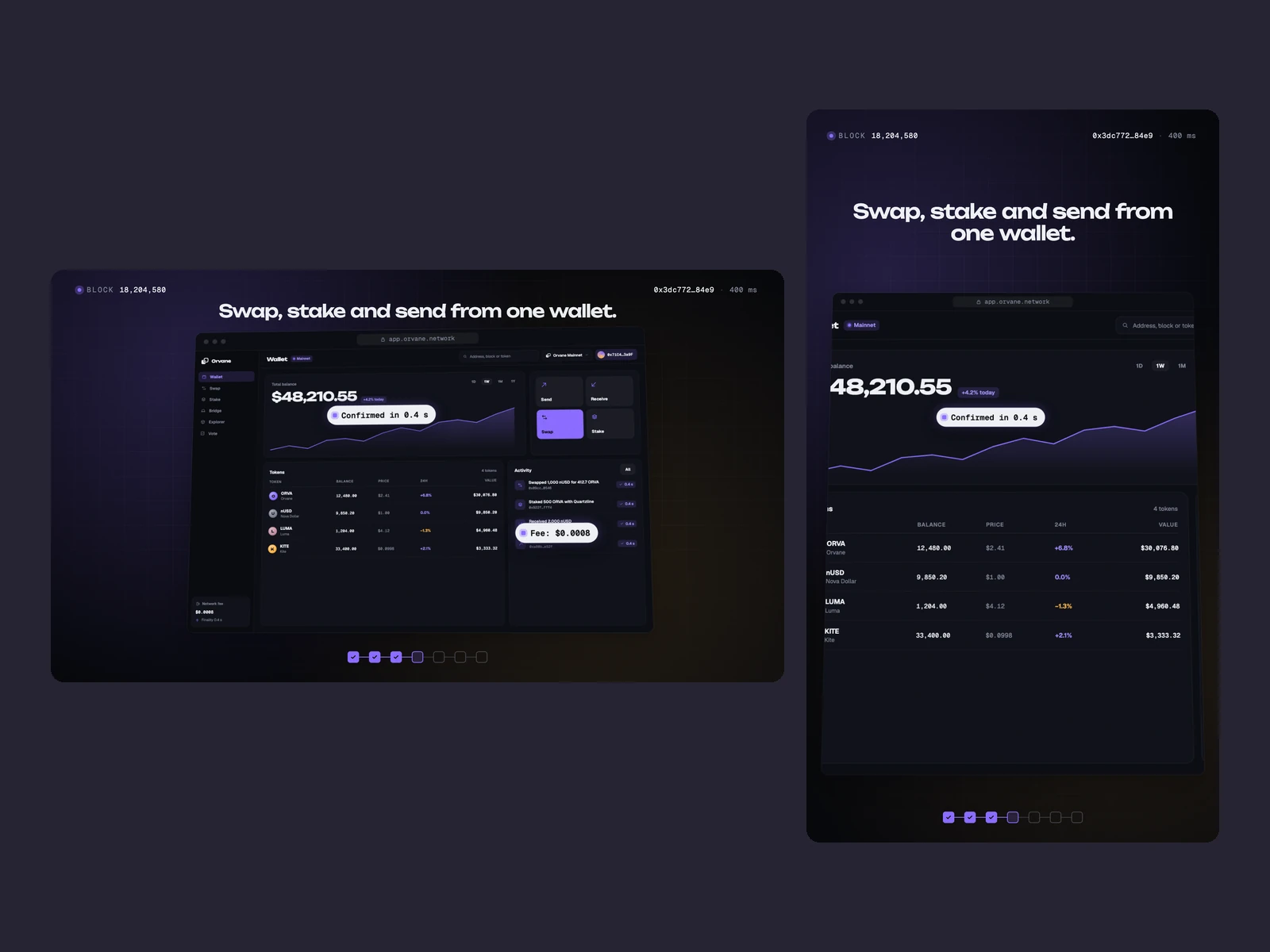 The dApp's wallet in its window, two labels pinned on it, at 16:9 and 9:16
