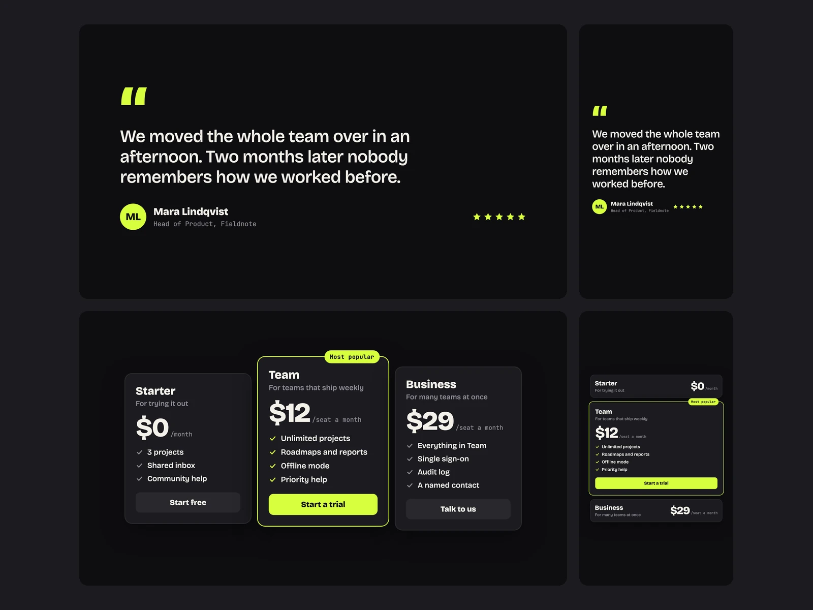 Testimonial and Pricing card, each at 16:9 and 9:16