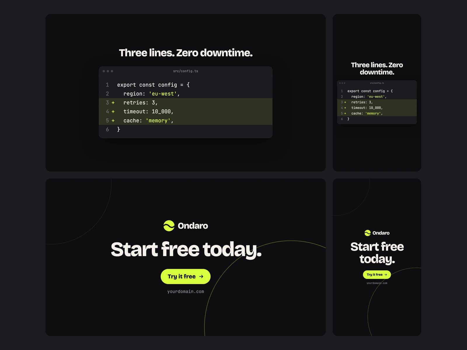 Code diff and End card, each at 16:9 and 9:16
