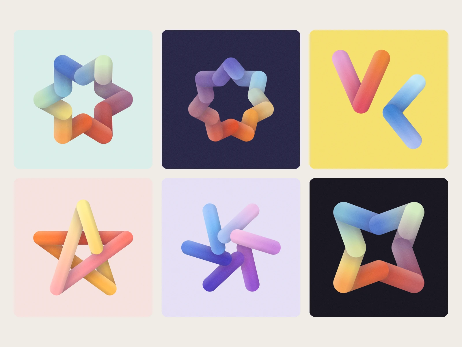 Hexa star, Seven bloom, Zig, Pentagram, Pinwheel, Four knot: gradient 3D shapes, each on its own coloured ground