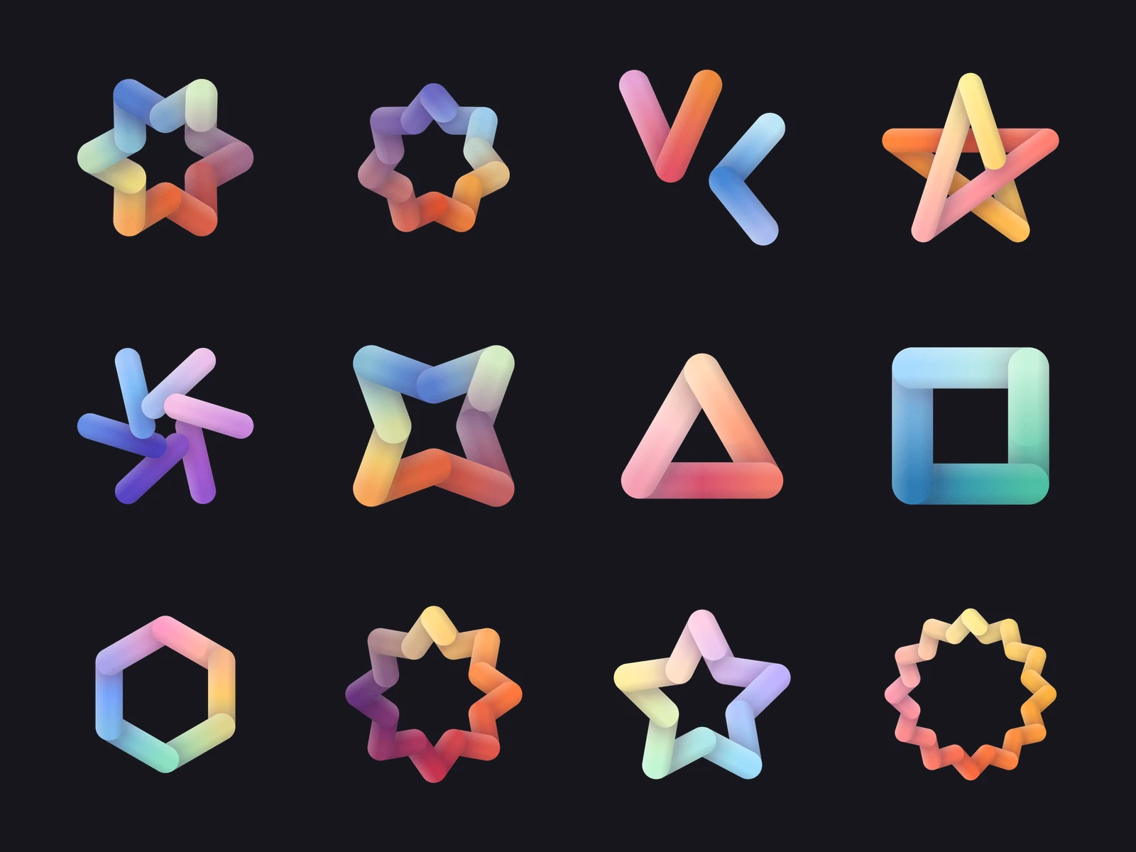 Hexa star, Seven bloom, Zig, Pentagram, Pinwheel, Four knot, Triangle loop, Square loop, Hexagon loop, Eight star, Five star, Twelve ring: cut out on transparency, laid on a dark page