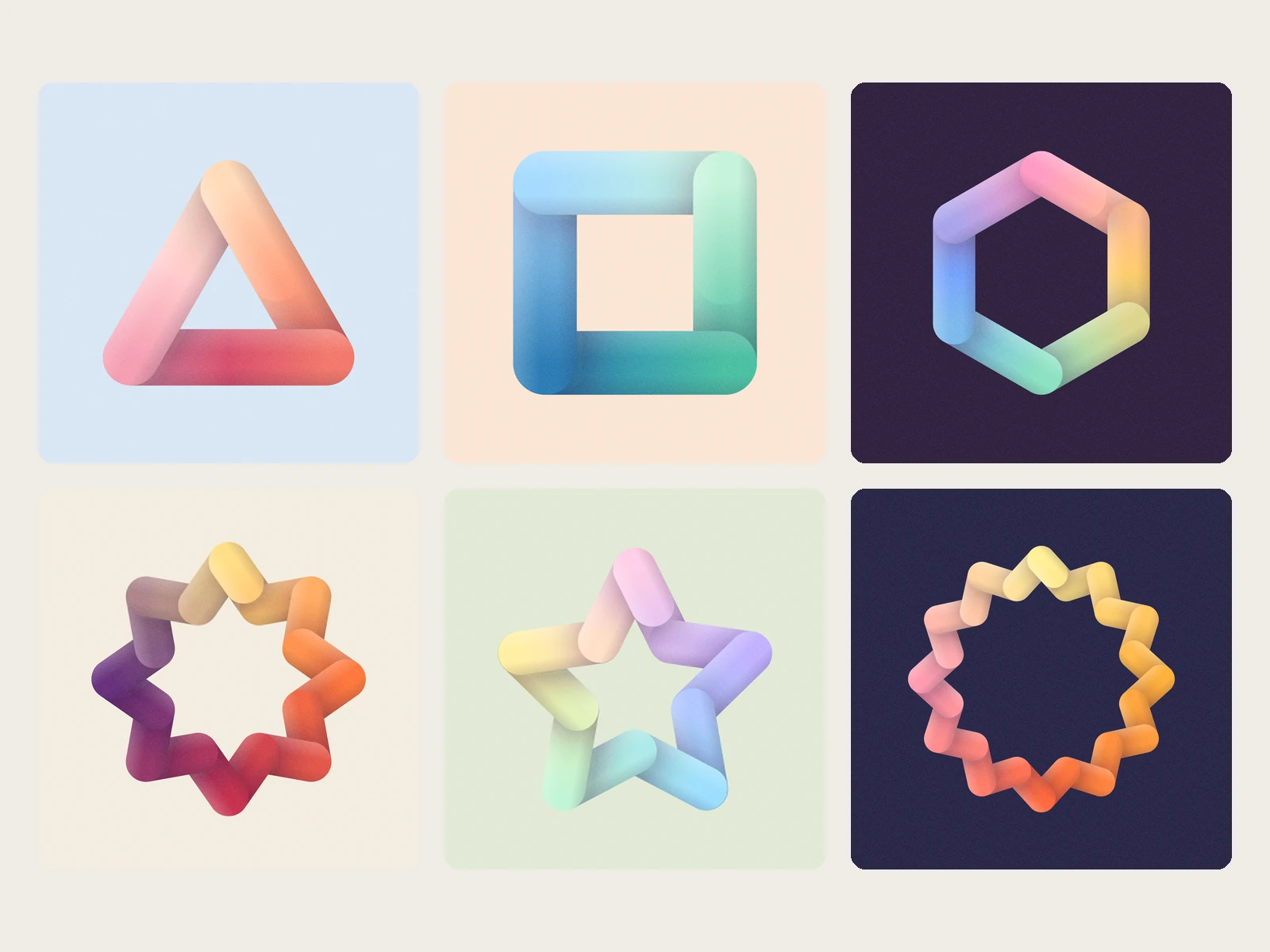 Triangle loop, Square loop, Hexagon loop, Eight star, Five star, Twelve ring: gradient 3D shapes, each on its own coloured ground