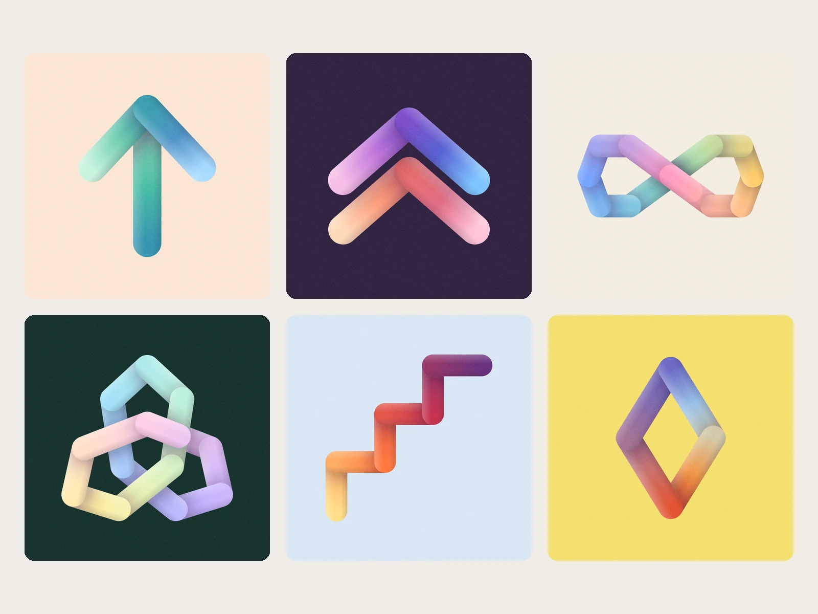 Arrow, Double chevron, Infinity, Trefoil, Stairs, Diamond: gradient 3D shapes, each on its own coloured ground