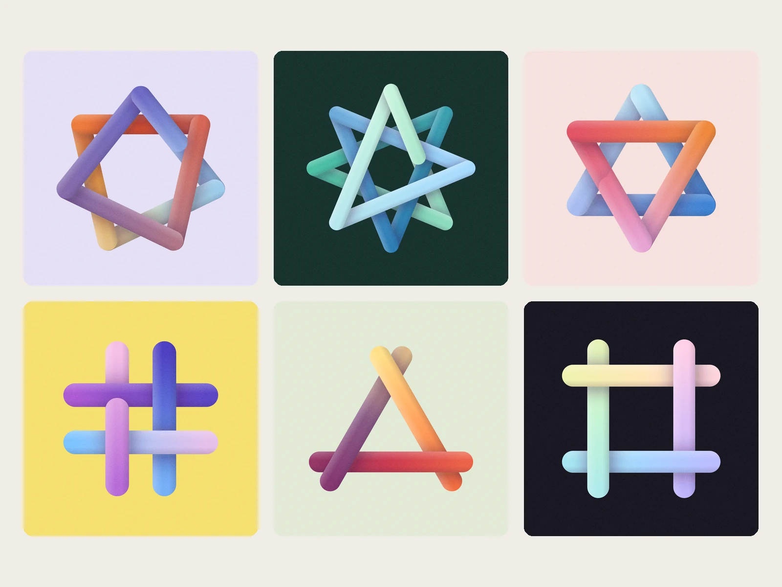 Heptagram, Octagram, Two triangles, Hashtag, Tri weave, Square weave: gradient 3D shapes, each on its own coloured ground