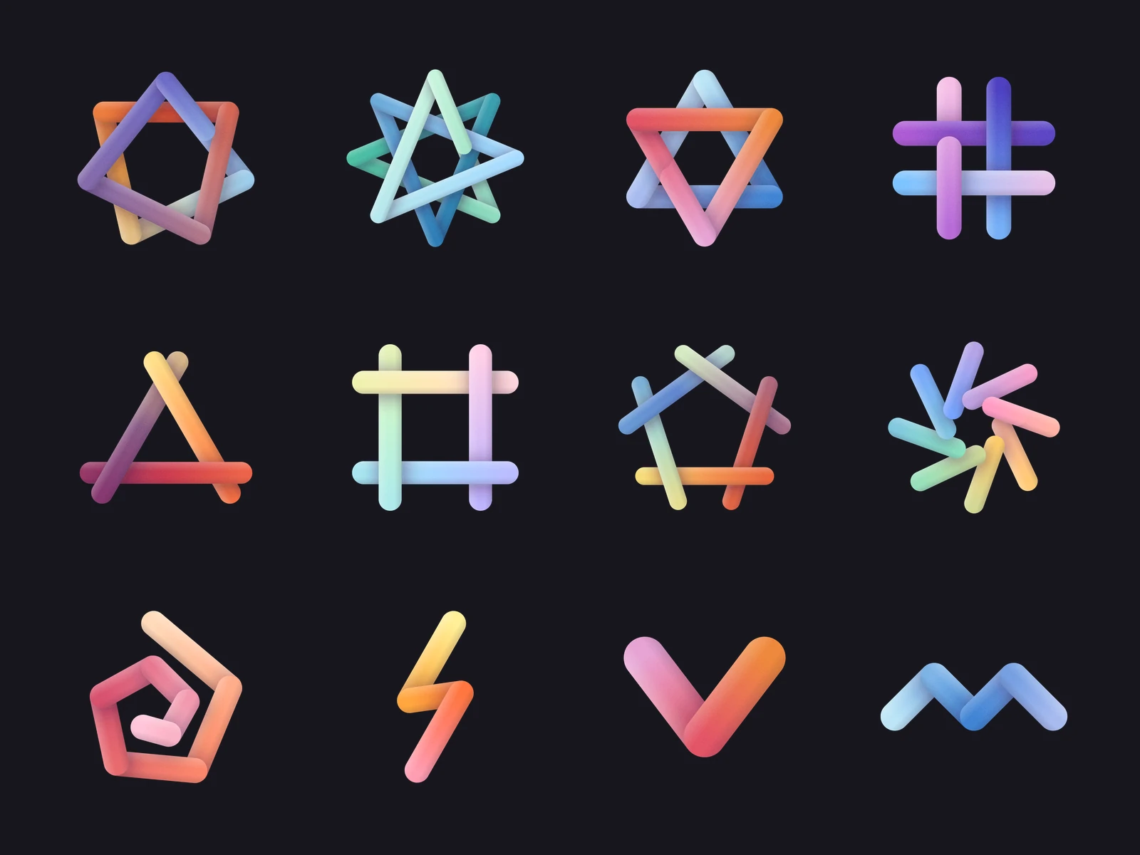 Heptagram, Octagram, Two triangles, Hashtag, Tri weave, Square weave, Pentagon weave, Pinwheel eight, Spiral, Bolt, Chevron, Wave: cut out on transparency, laid on a dark page