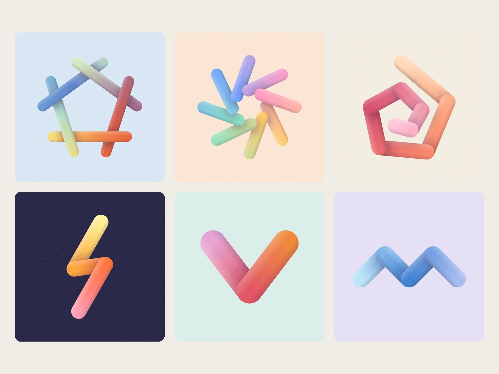 Pentagon weave, Pinwheel eight, Spiral, Bolt, Chevron, Wave: gradient 3D shapes, each on its own coloured ground
