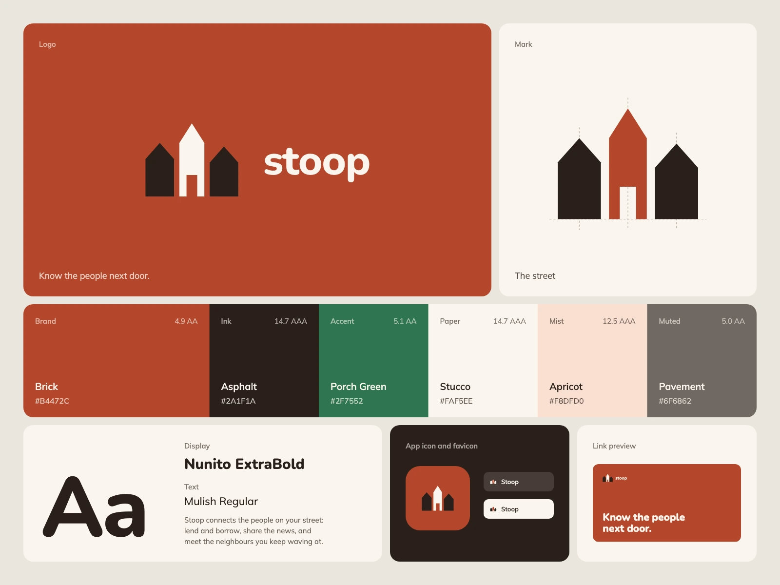 Stoop, a brand kit for community: Three houses in a row, the middle one taller with its door open: the step in front of it is where neighbours meet; its palette, type pair, app icon and link preview