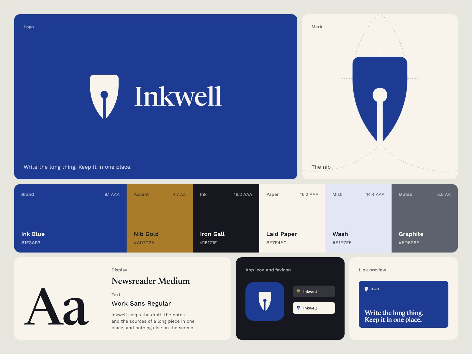 Inkwell, a brand kit for writing: The nib of a fountain pen: its shoulders, its sides meeting at the point, and the slit from the point to the breather hole; its palette, type pair, app icon and link preview