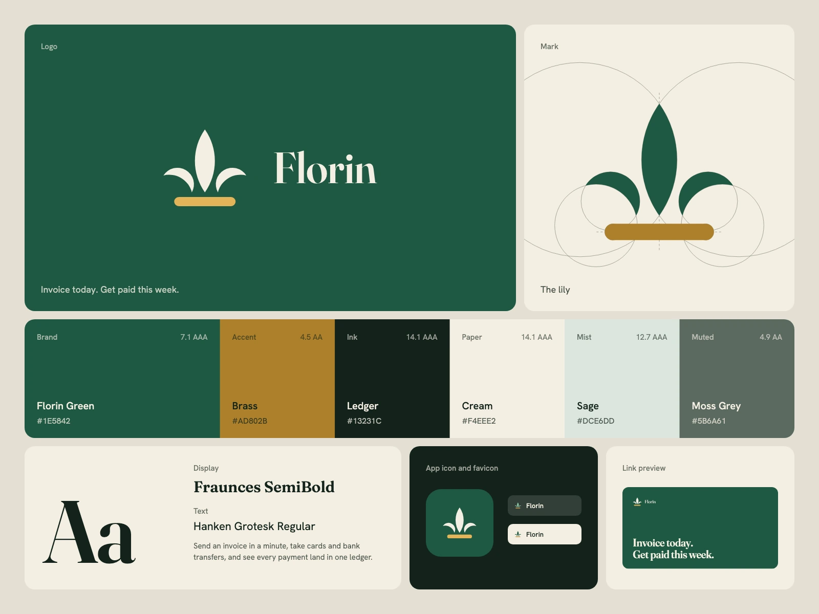 Florin, a brand kit for fintech: The lily of the gold florin, first struck in Florence in 1252: three petals and the band that ties them; its palette, type pair, app icon and link preview
