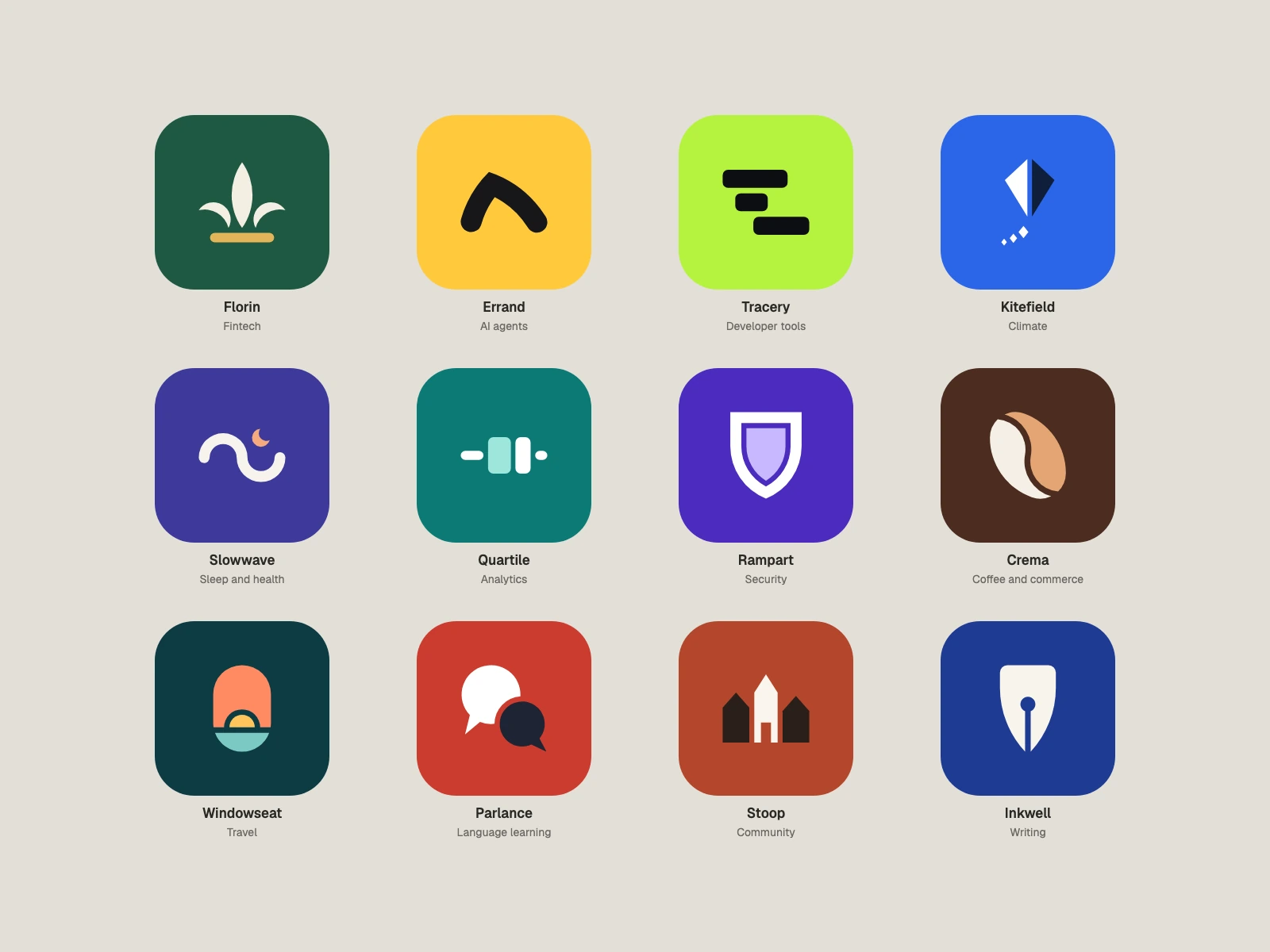 The 12 app icons together: Florin, Errand, Tracery, Kitefield, Slowwave, Quartile, Rampart, Crema, Windowseat, Parlance, Stoop, Inkwell