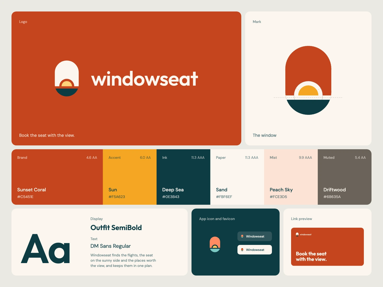 Windowseat, a brand kit for travel: A plane window and, through it, the sun on the horizon, sky and sea cut apart where they meet; its palette, type pair, app icon and link preview